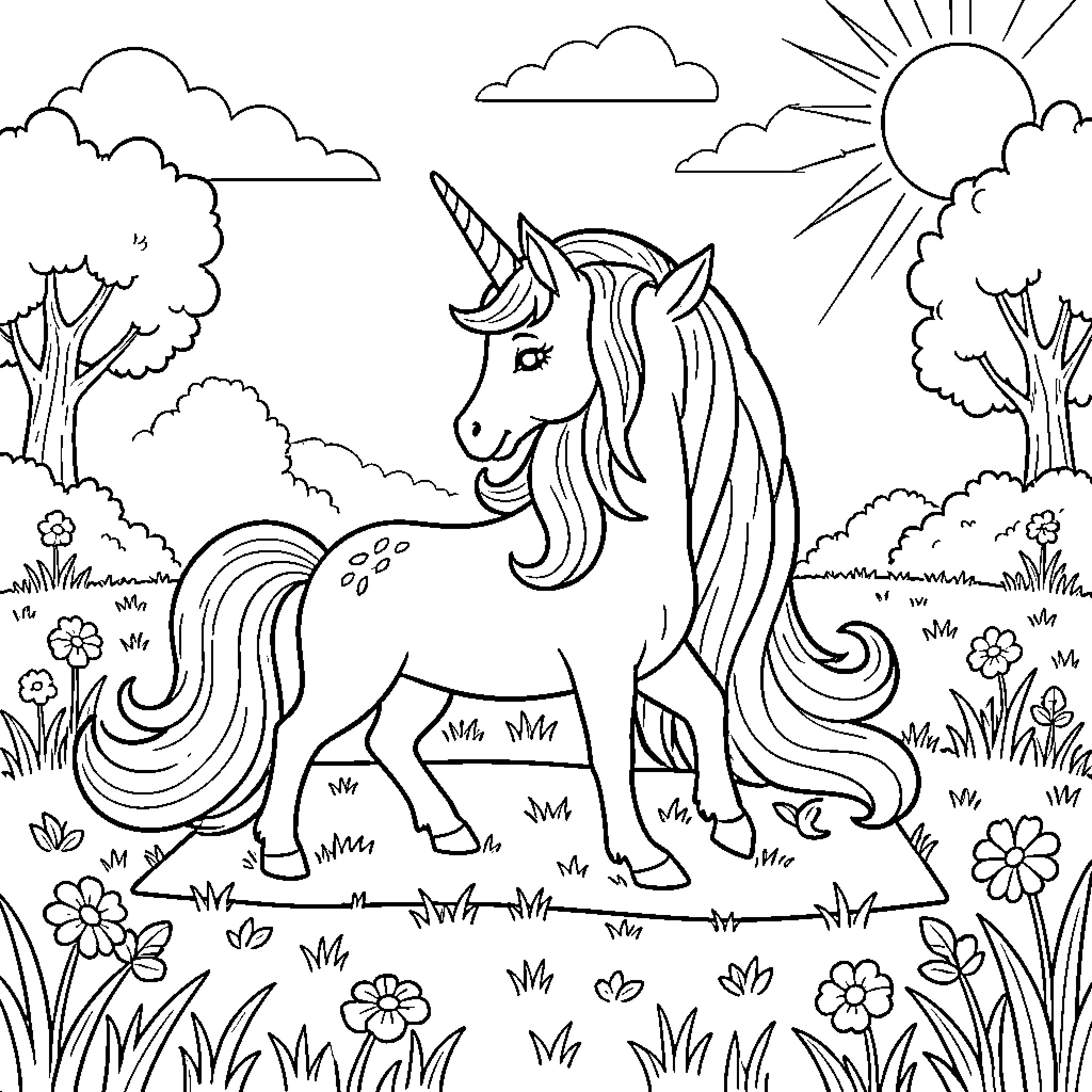 Unicorn prancing through a magical meadow Coloring Page (free black-and-white line drawing printable PDF for all, from beginners to advanced learners, including children, teens, adults, and seniors)