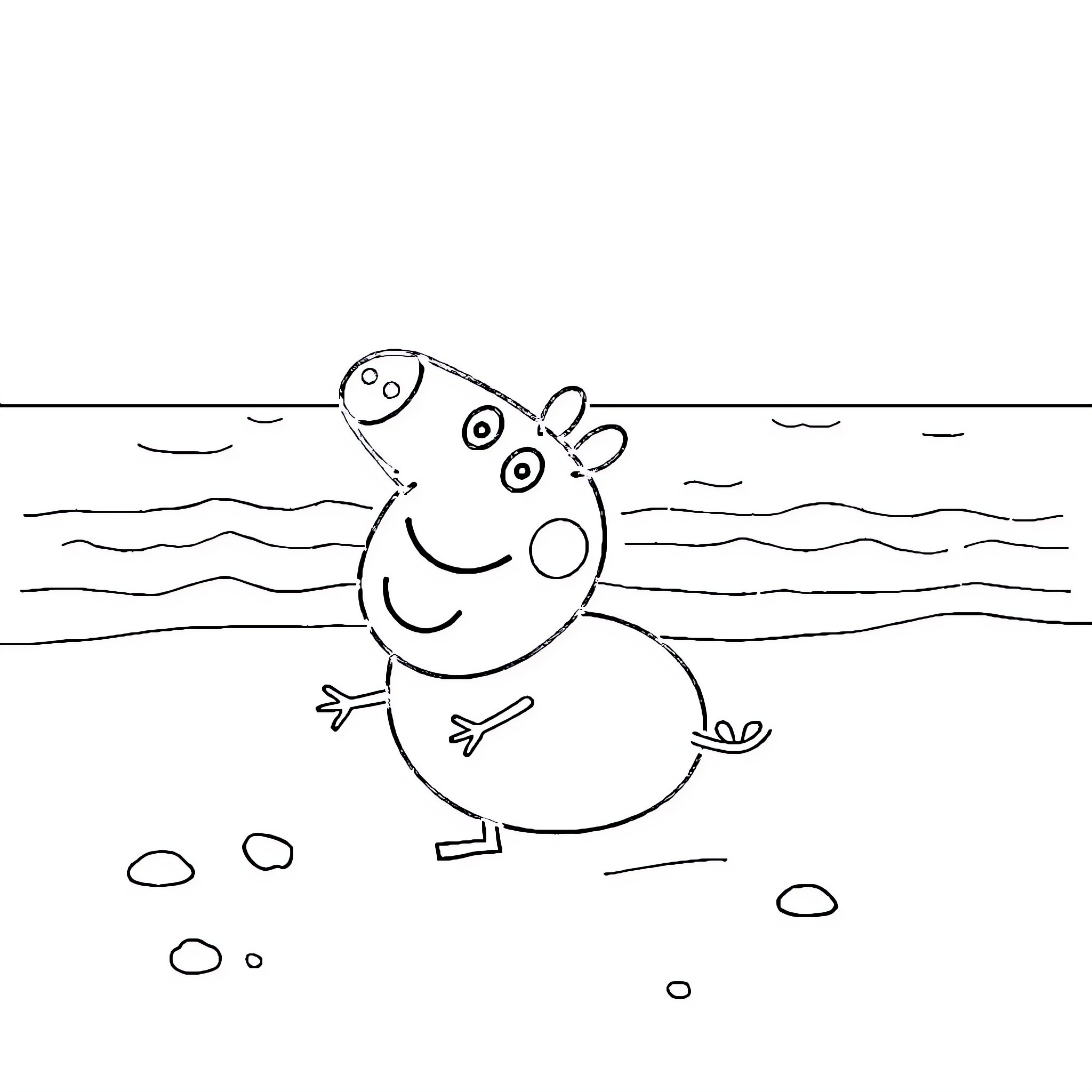 Peppa Pig playing in the water Coloring Page (free black-and-white line drawing printable PDF for all, from beginners to advanced learners, including children, teens, adults, and seniors)