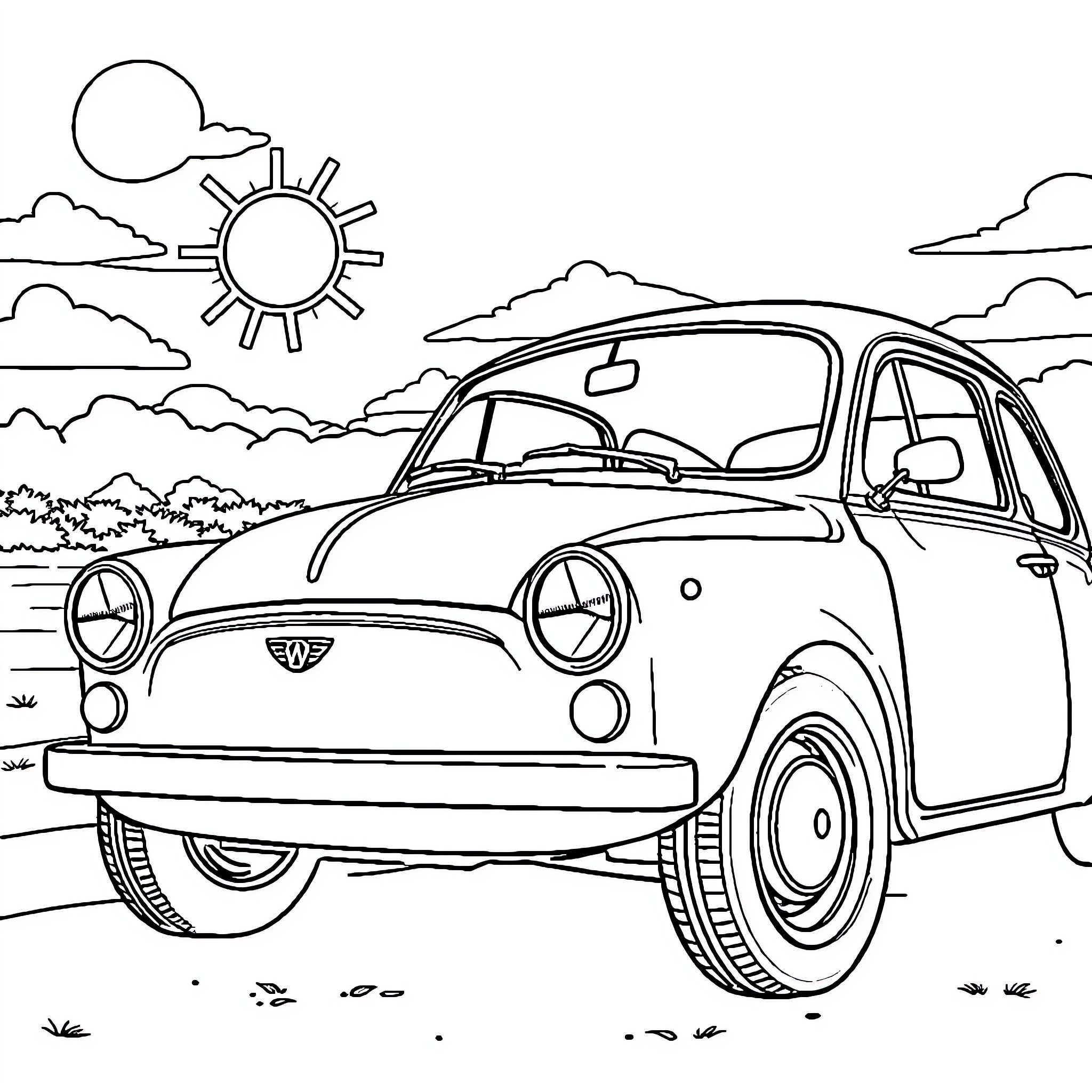 Peach car driving through sunny countryside Coloring Page (free black-and-white line drawing printable PDF for all, from beginners to advanced learners, including children, teens, adults, and seniors)