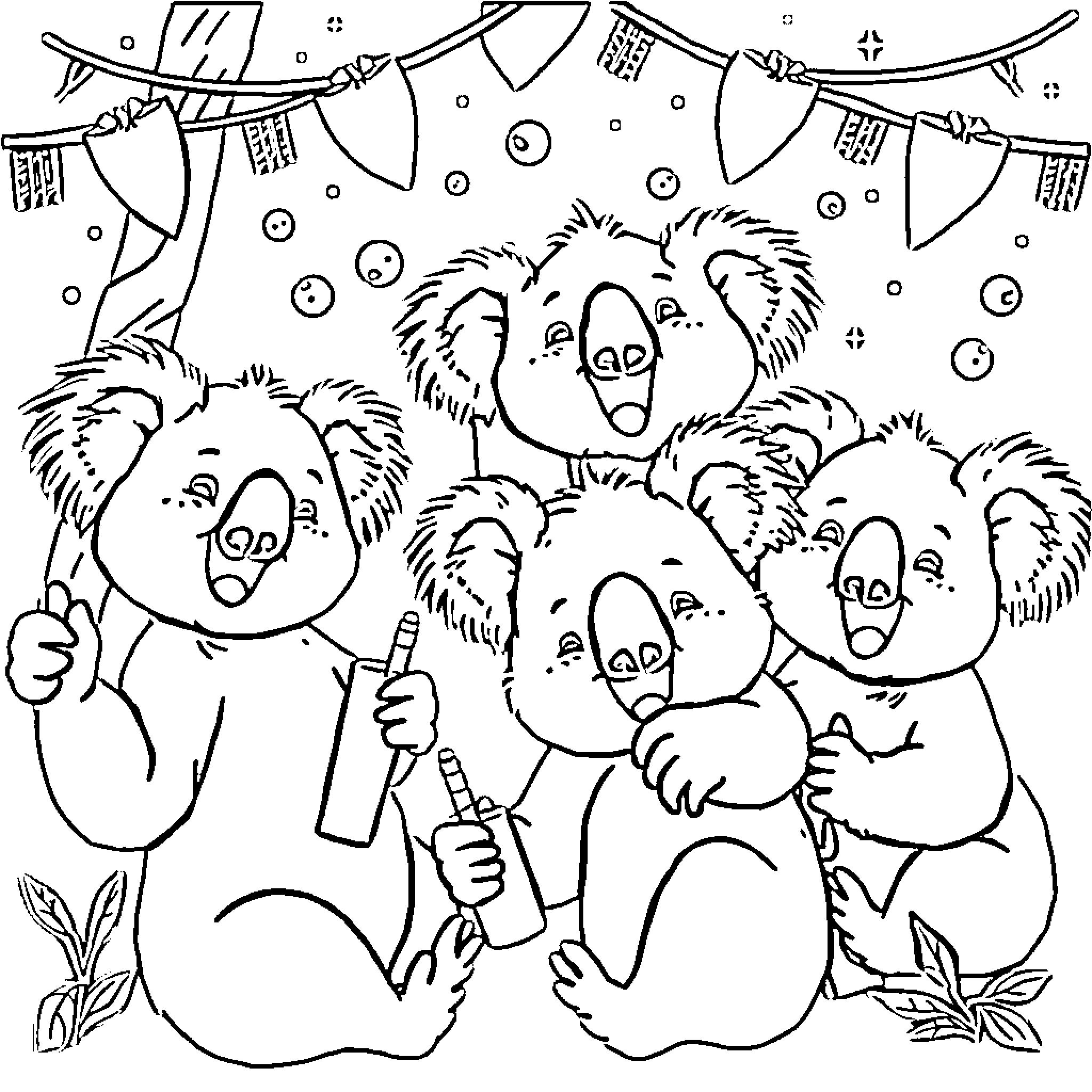 Koala friends celebrating with party decorations Coloring Page (free black-and-white line drawing printable PDF for all, from beginners to advanced learners, including children, teens, adults, and seniors)