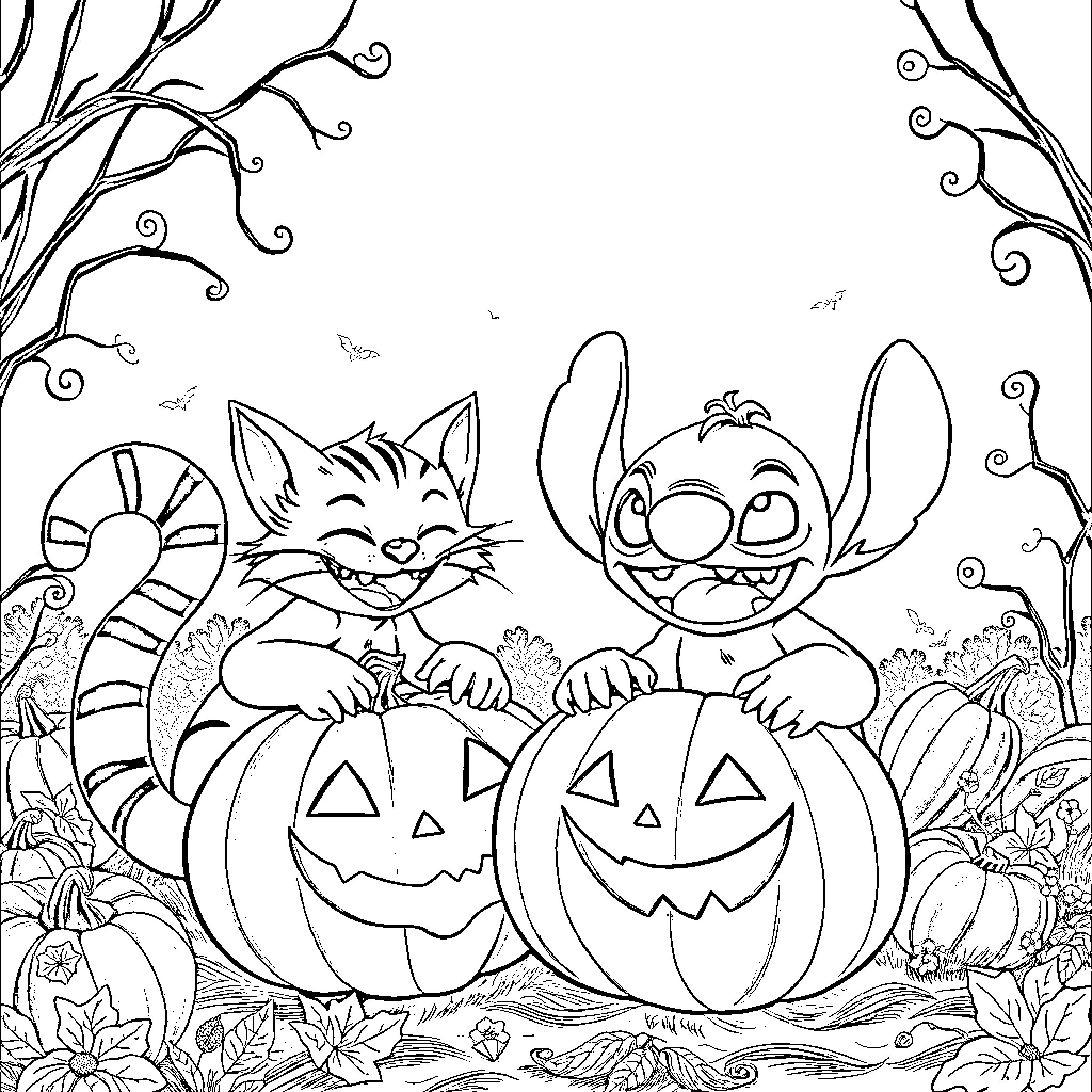 Cheshire Cat and Stitch Enjoy Halloween Pumpkins Coloring Page (free black-and-white line drawing printable PDF for all, from beginners to advanced learners, including children, teens, adults, and seniors)
