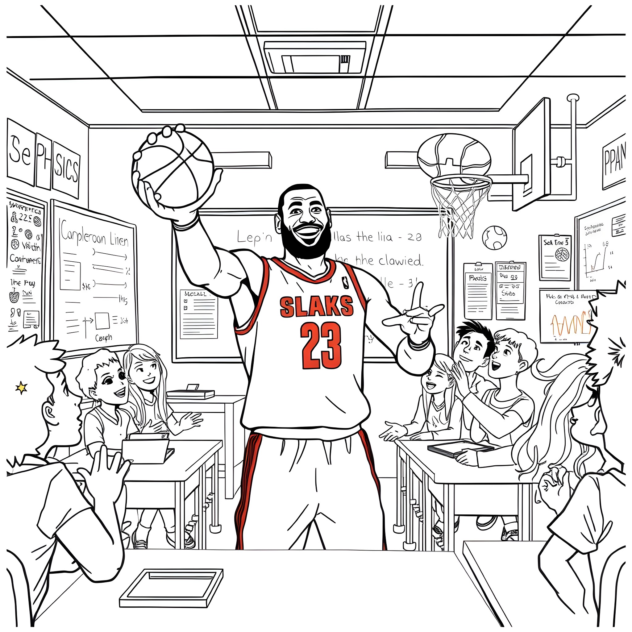LeBron James inspires students in the classroom Coloring Page (free black-and-white line drawing printable PDF for all, from beginners to advanced learners, including children, teens, adults, and seniors)