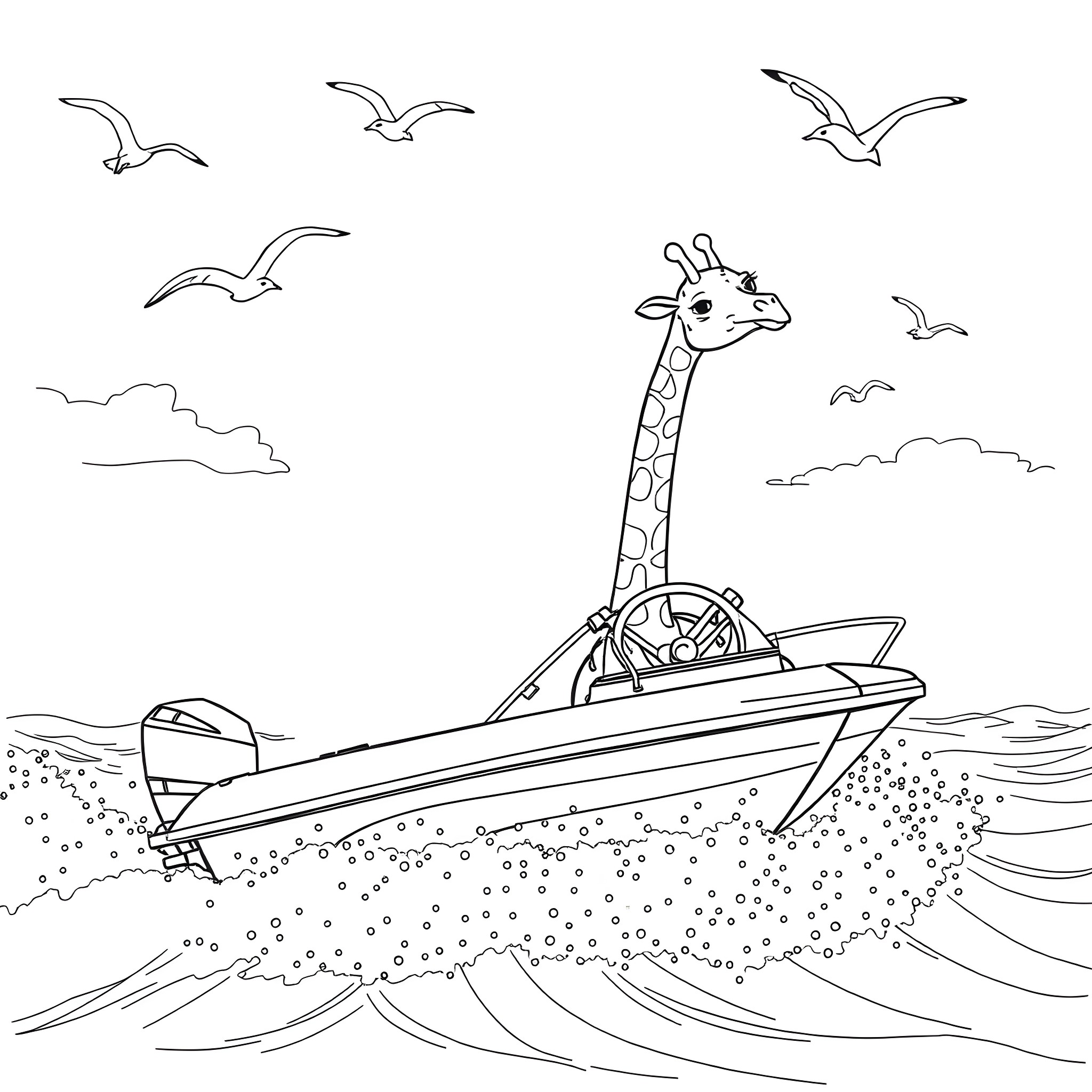 Giraffe riding a boat on the water Coloring Page (free black-and-white line drawing printable PDF for all, from beginners to advanced learners, including children, teens, adults, and seniors)