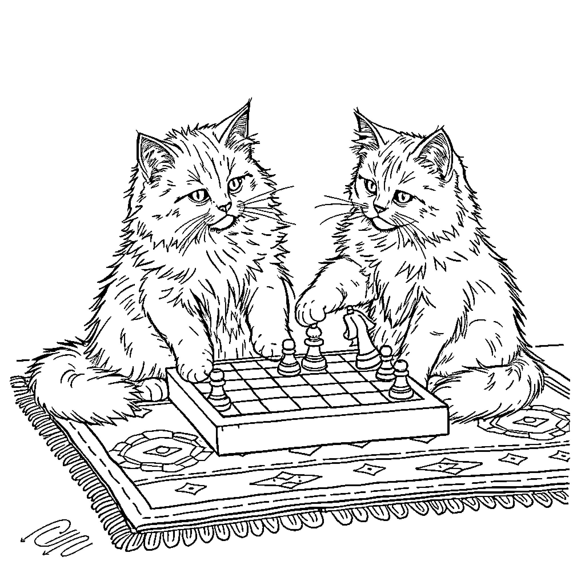 Cats Playing Chess on Rug Coloring Page (free black-and-white line drawing printable PDF for all, from beginners to advanced learners, including children, teens, adults, and seniors)