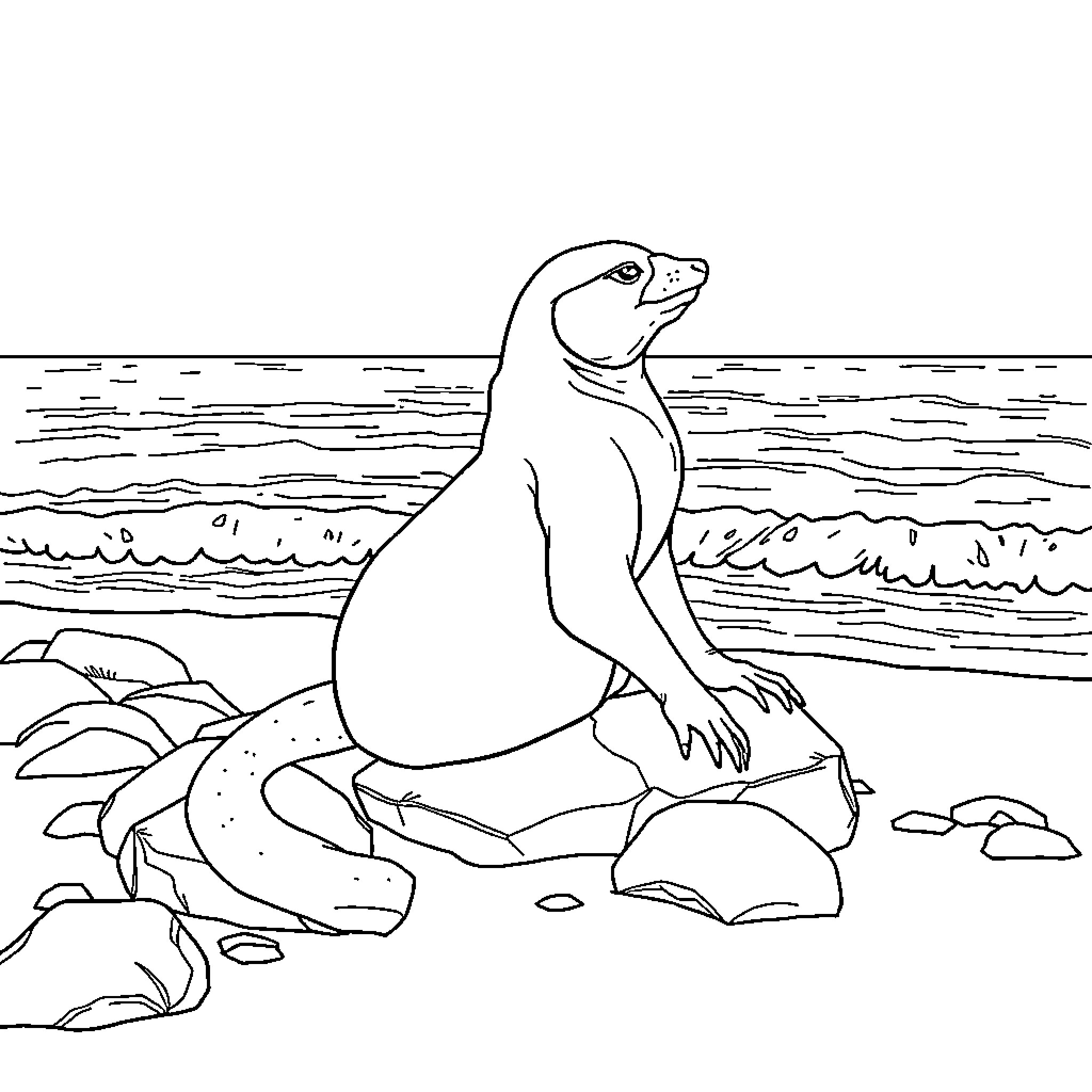 Mermaid resting on rocks by the ocean Coloring Page (free black-and-white line drawing printable PDF for all, from beginners to advanced learners, including children, teens, adults, and seniors)