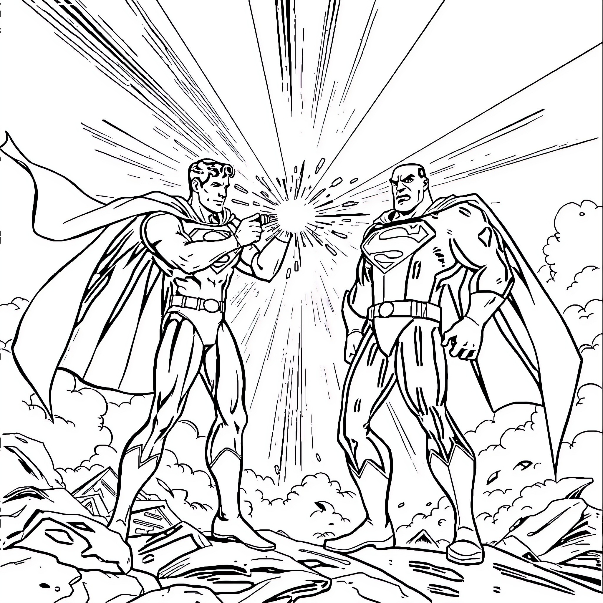 Superman and hero battling in dramatic showdown Coloring Page (free black-and-white line drawing printable PDF for all, from beginners to advanced learners, including children, teens, adults, and seniors)