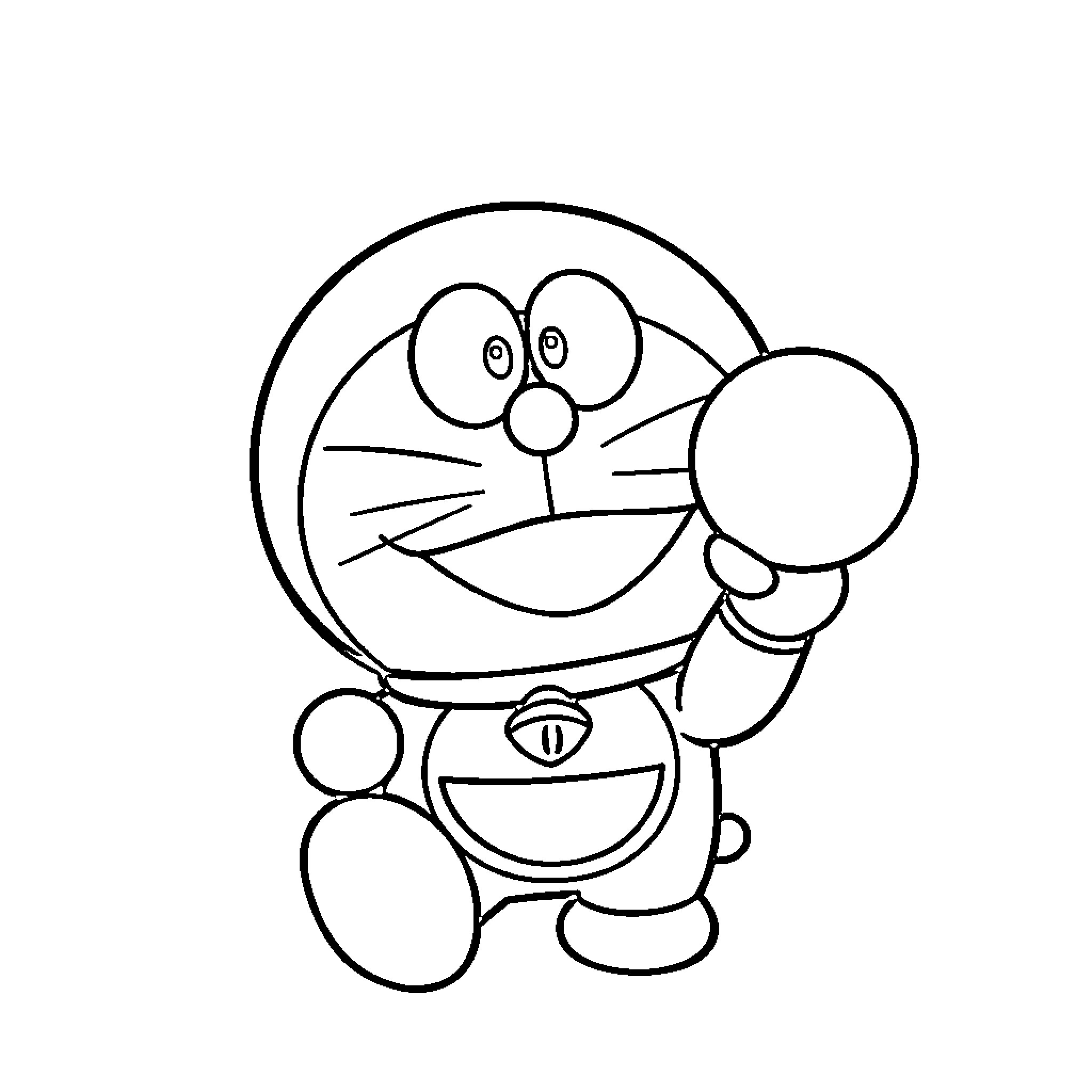 Doraemon holding a gadget with curious expression Coloring Page (free black-and-white line drawing printable PDF for all, from beginners to advanced learners, including children, teens, adults, and seniors)