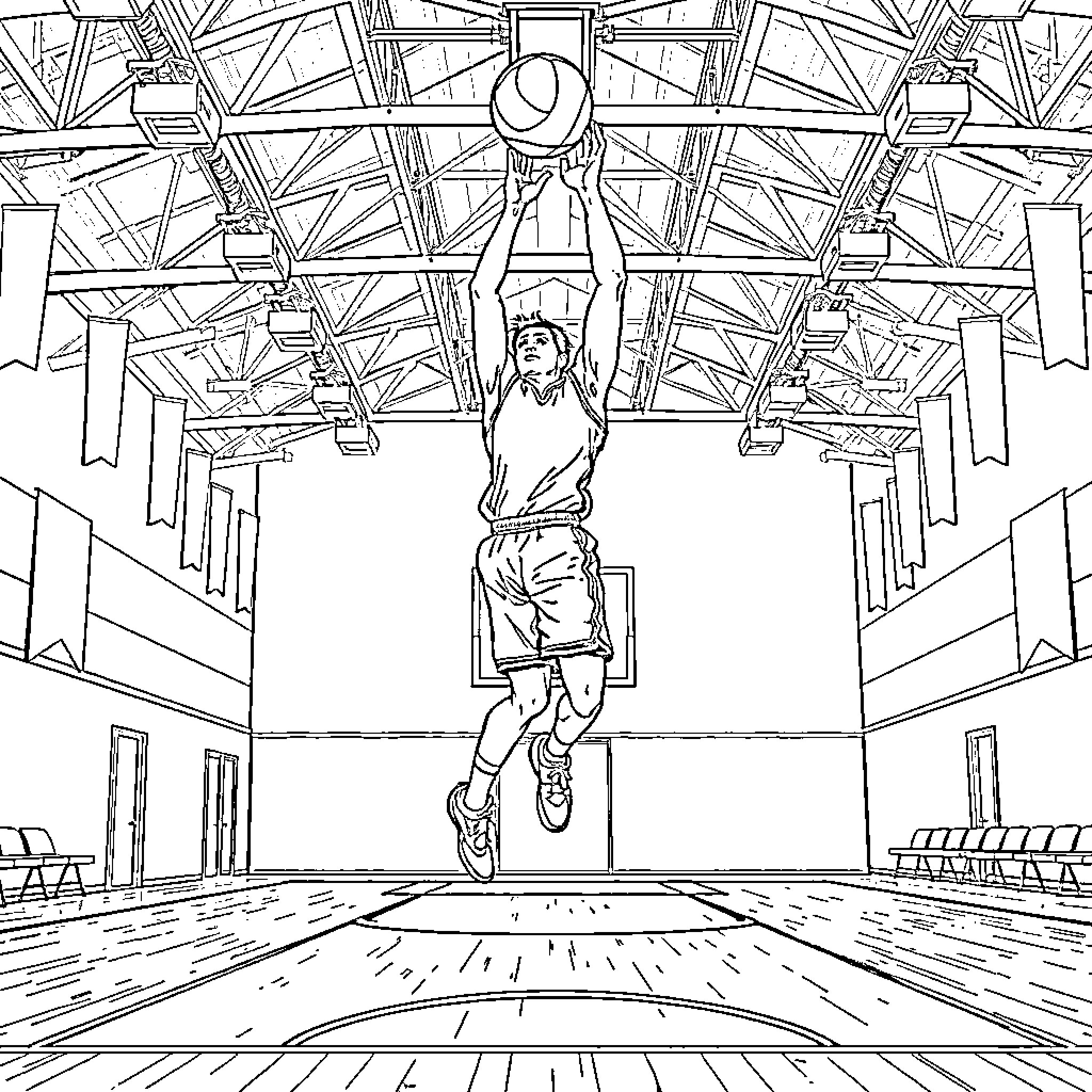 Basketball Player Jumping High to Dunk the Ball Coloring Page (free black-and-white line drawing printable PDF for all, from beginners to advanced learners, including children, teens, adults, and seniors)