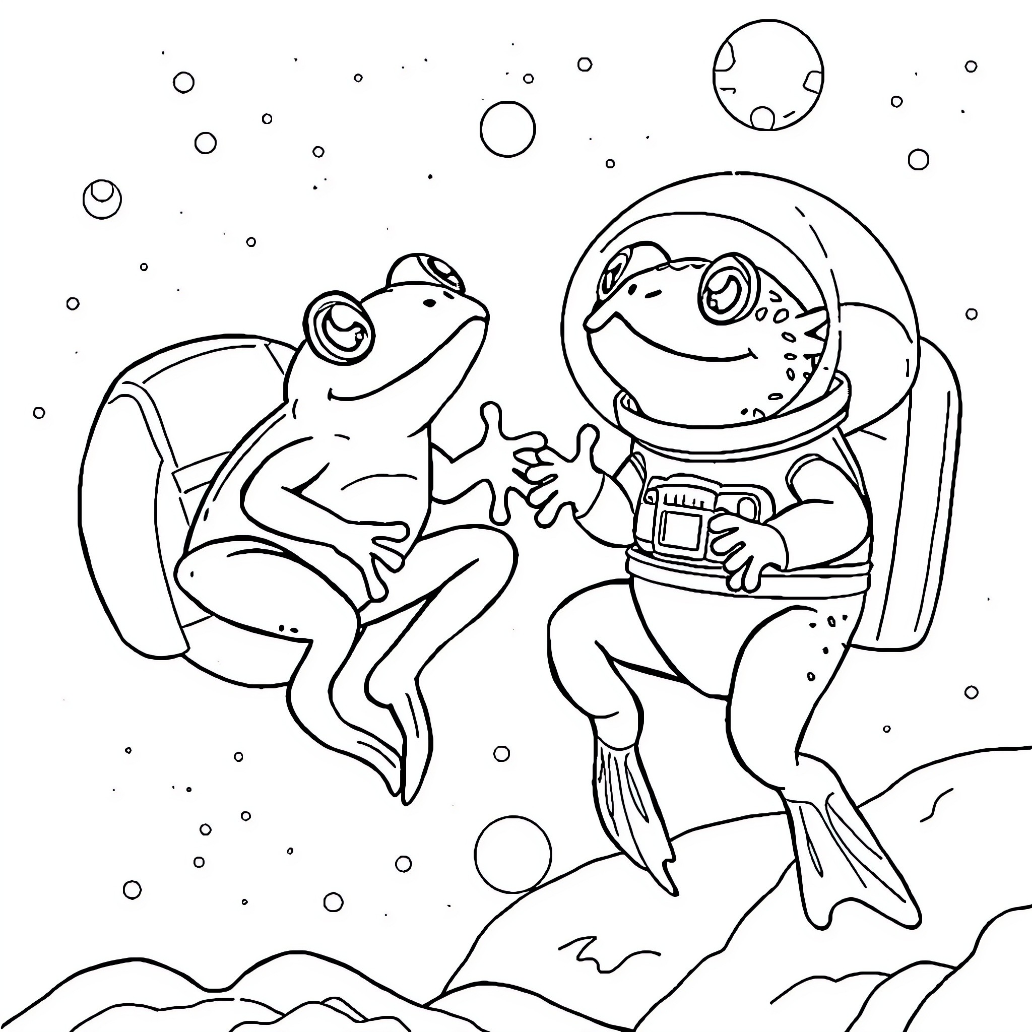 Frog astronauts exploring outer space Coloring Page (free black-and-white line drawing printable PDF for all, from beginners to advanced learners, including children, teens, adults, and seniors)