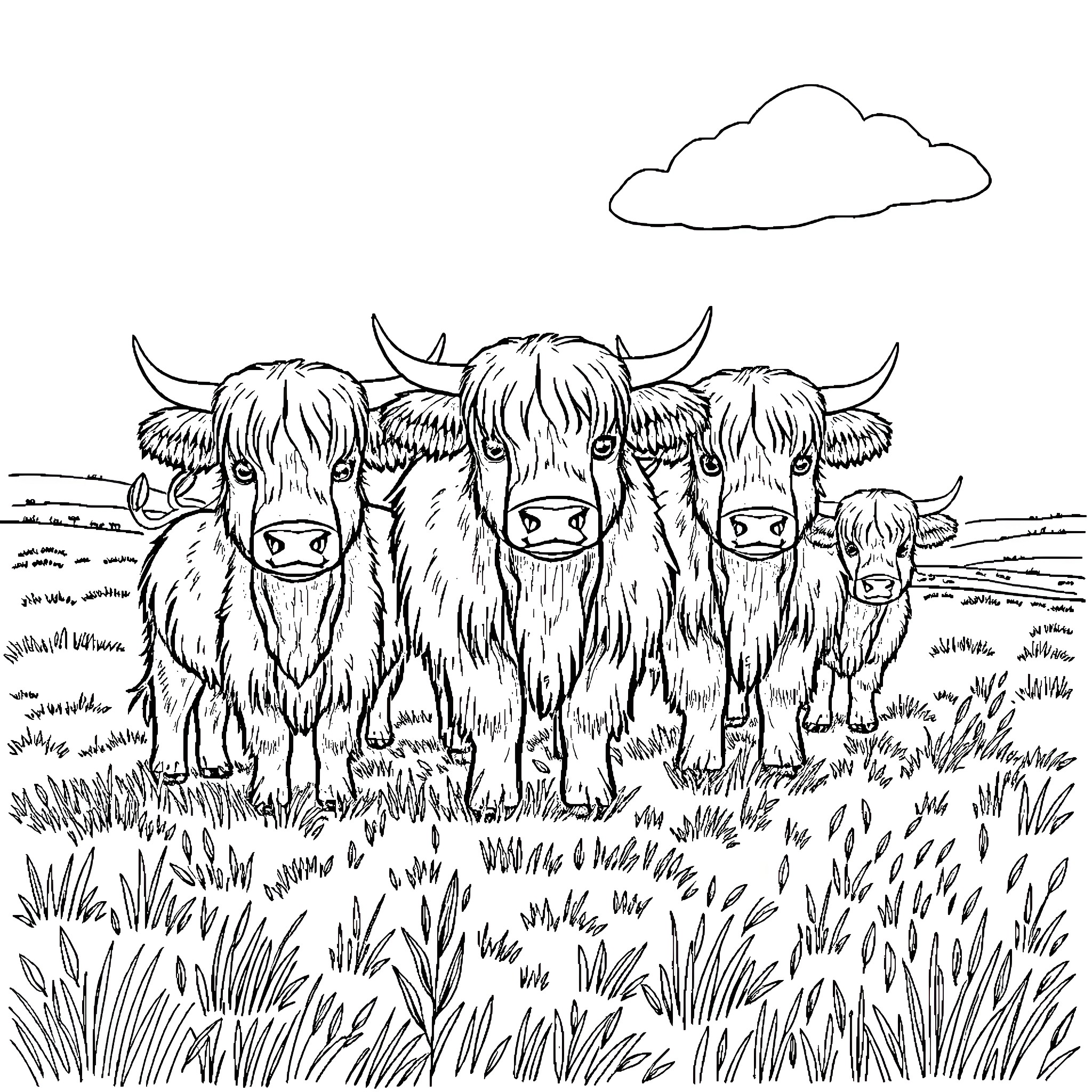 Highland Cows grazing peacefully in a meadow Coloring Page (free black-and-white line drawing printable PDF for all, from beginners to advanced learners, including children, teens, adults, and seniors)