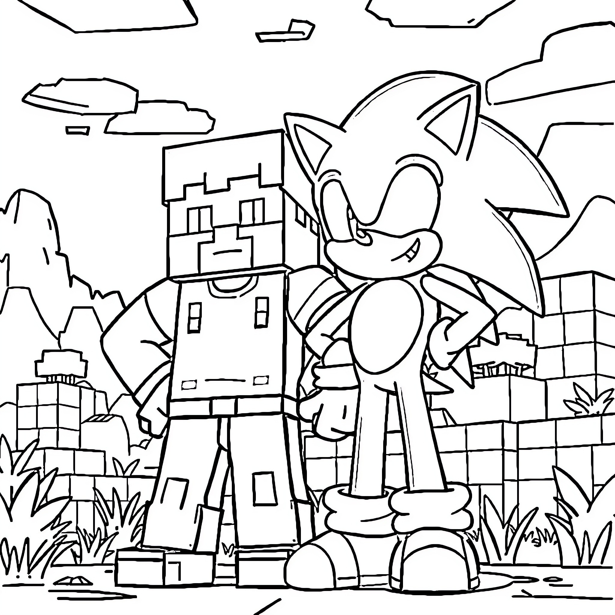 Steve explores the urban landscape with a robot companion Coloring Page (free black-and-white line drawing printable PDF for all, from beginners to advanced learners, including children, teens, adults, and seniors)