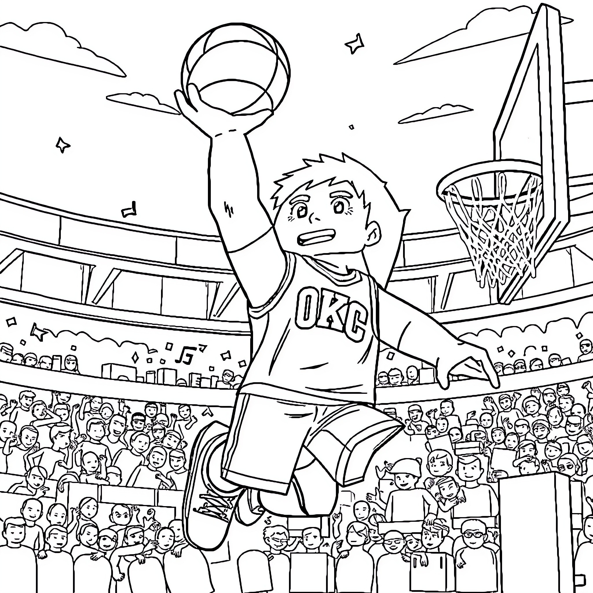 Steve's Winning Moment on the Basketball Court Coloring Page (free black-and-white line drawing printable PDF for all, from beginners to advanced learners, including children, teens, adults, and seniors)
