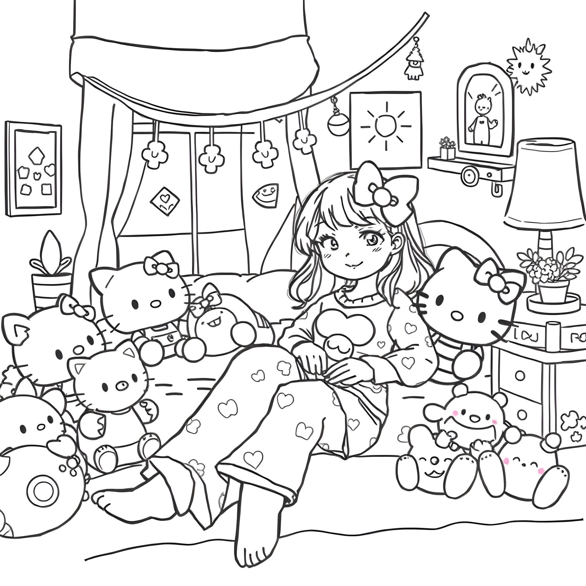 Shelly's Cozy Playtime with Adorable Plush Friends Coloring Page (free black-and-white line drawing printable PDF for all, from beginners to advanced learners, including children, teens, adults, and seniors)