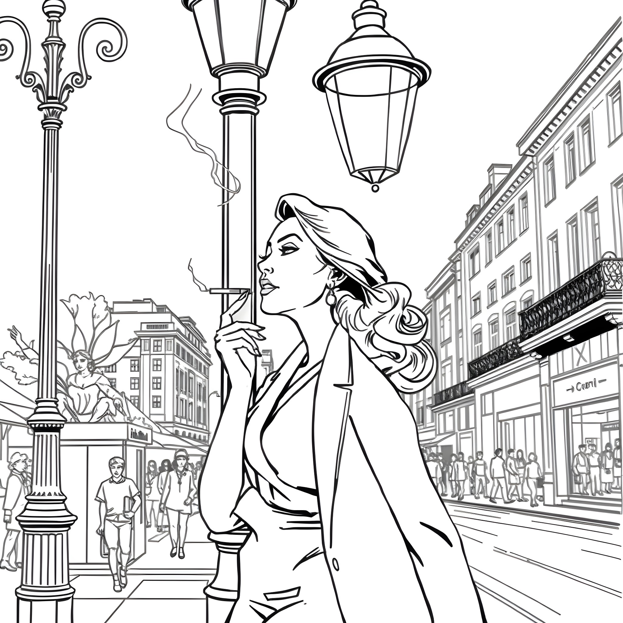 Lady Enjoying the City Streets on a Chilly Day Coloring Page (free black-and-white line drawing printable PDF for all, from beginners to advanced learners, including children, teens, adults, and seniors)