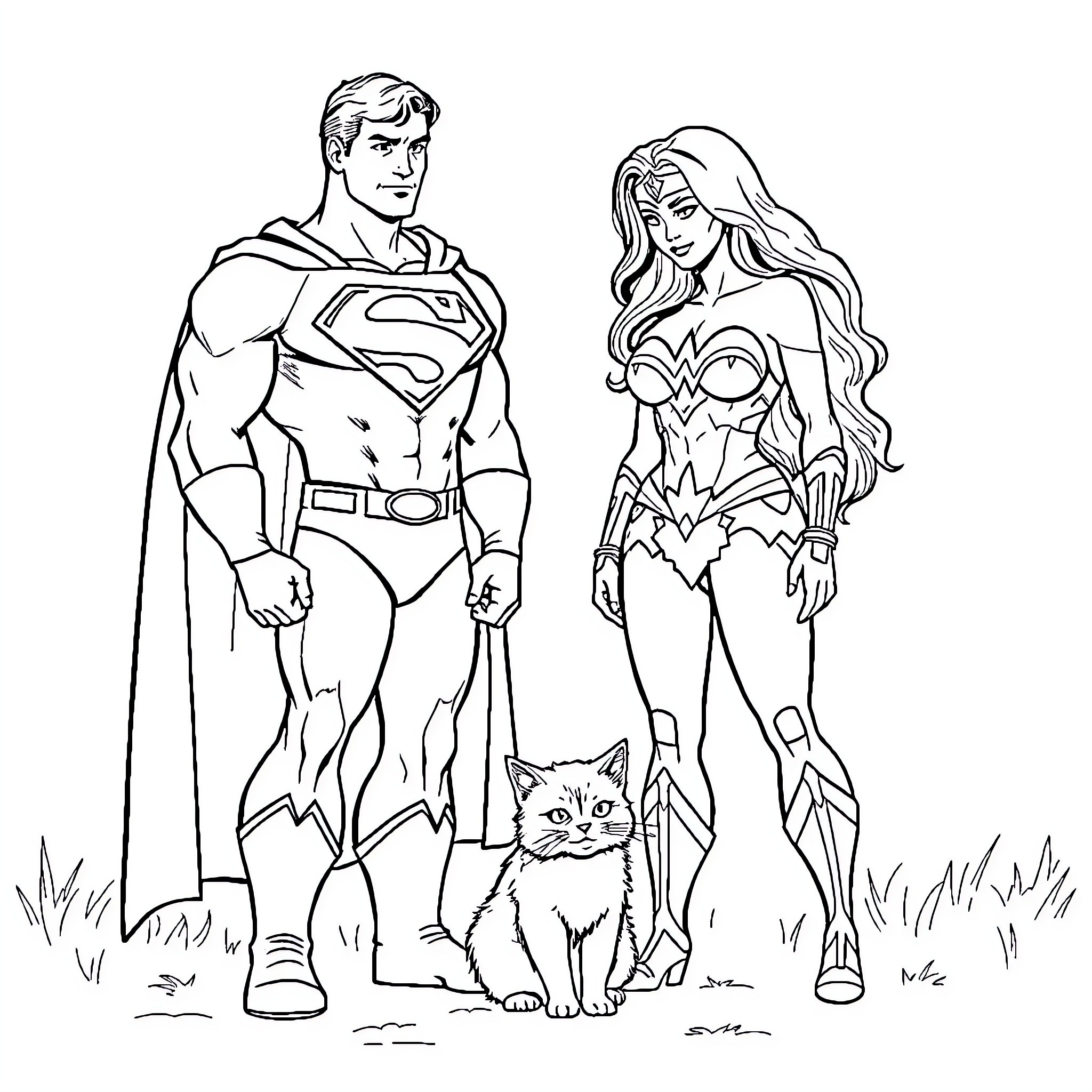 Superman and Wonder Woman in heroic poses with a cat Coloring Page (free black-and-white line drawing printable PDF for all, from beginners to advanced learners, including children, teens, adults, and seniors)