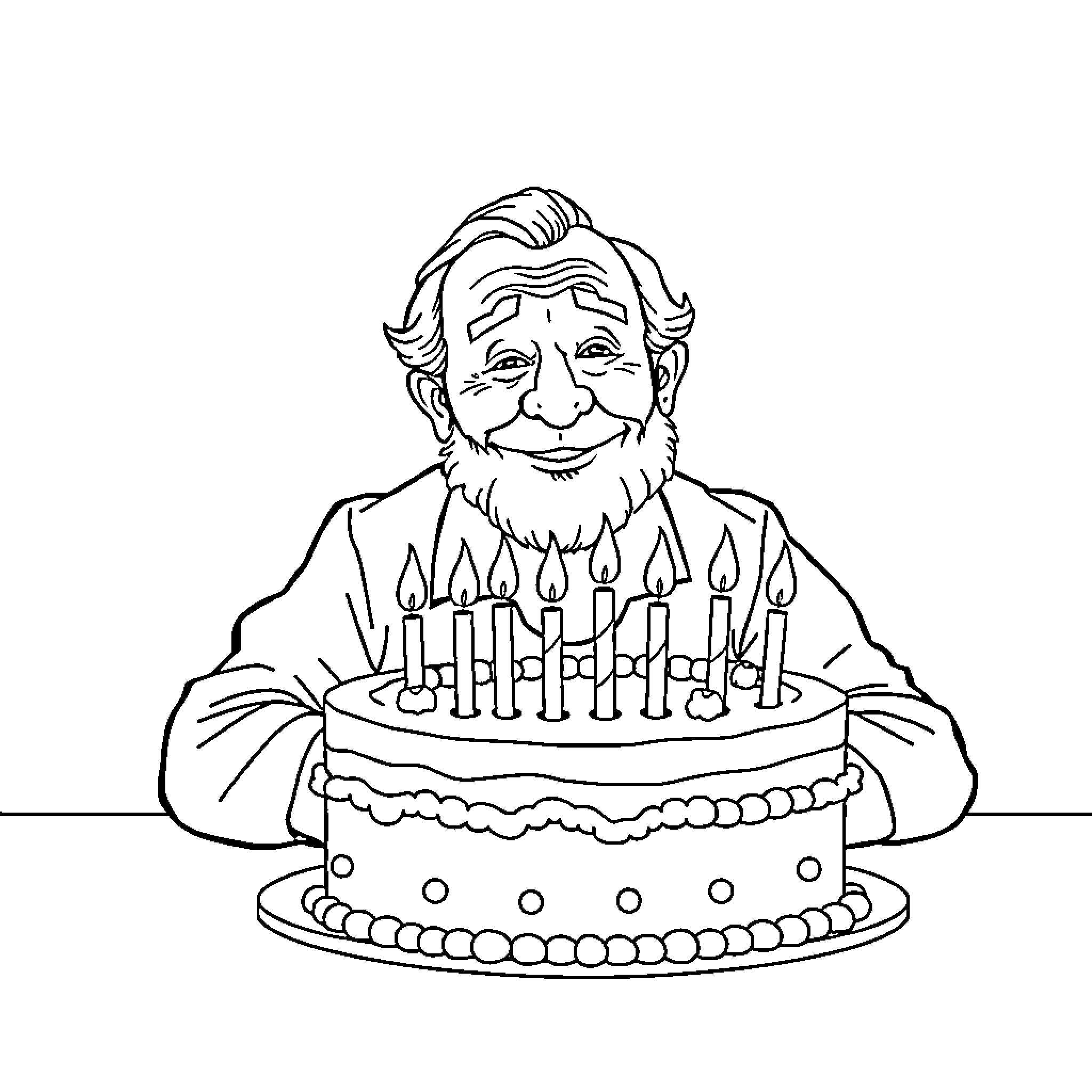 Grandfather Celebrating Birthday with Joyful Cake Coloring Page (free black-and-white line drawing printable PDF for all, from beginners to advanced learners, including children, teens, adults, and seniors)