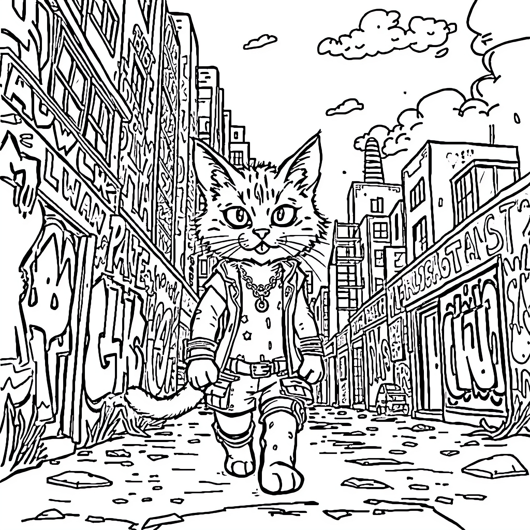 Cat exploring the urban cityscape Coloring Page (free black-and-white line drawing printable PDF for all, from beginners to advanced learners, including children, teens, adults, and seniors)