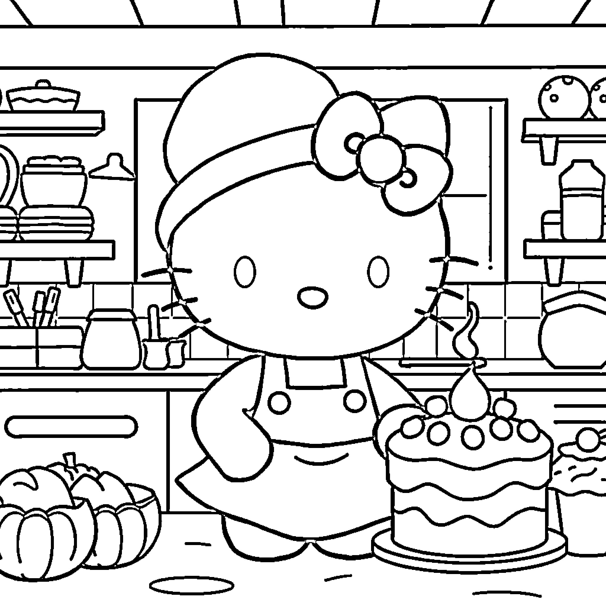 Hello Kitty Baking in the Kitchen Coloring Page (free black-and-white line drawing printable PDF for all, from beginners to advanced learners, including children, teens, adults, and seniors)