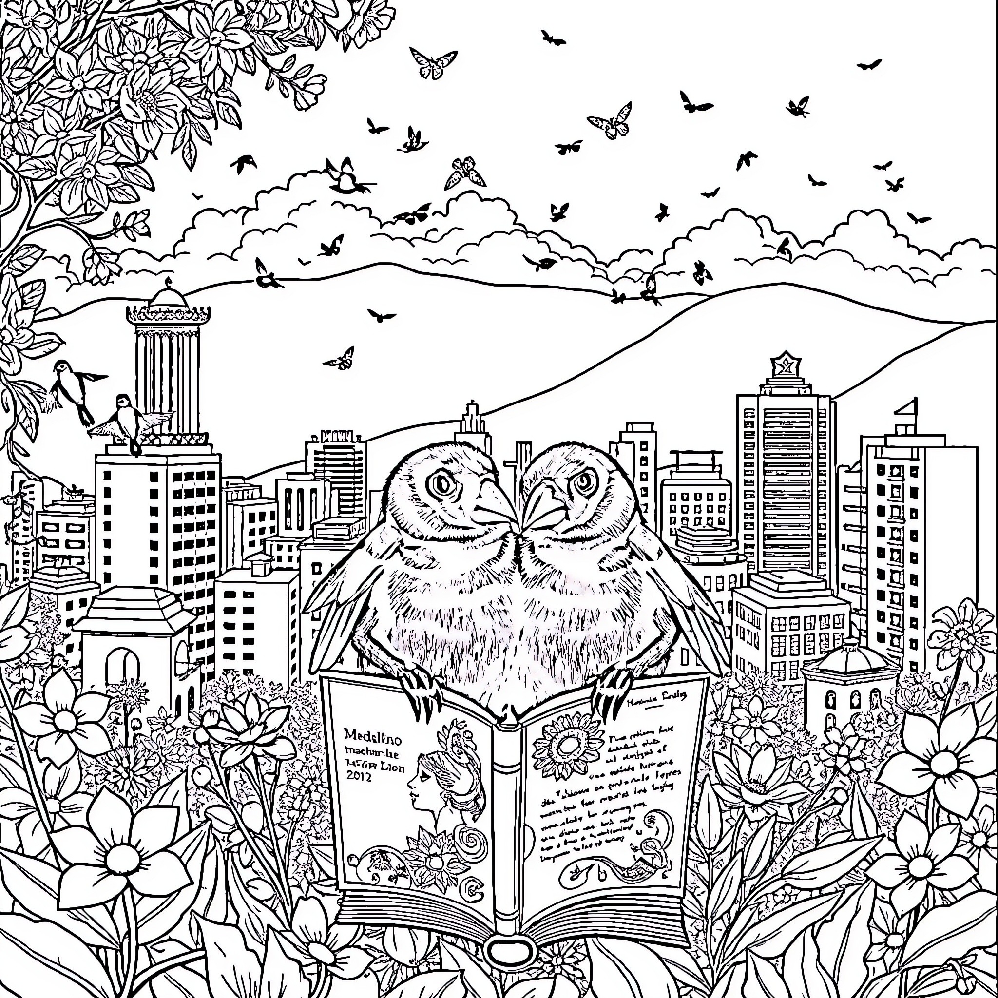 Bee-autiful Nature, Bookish Birds in the City Coloring Page (free black-and-white line drawing printable PDF for all, from beginners to advanced learners, including children, teens, adults, and seniors)