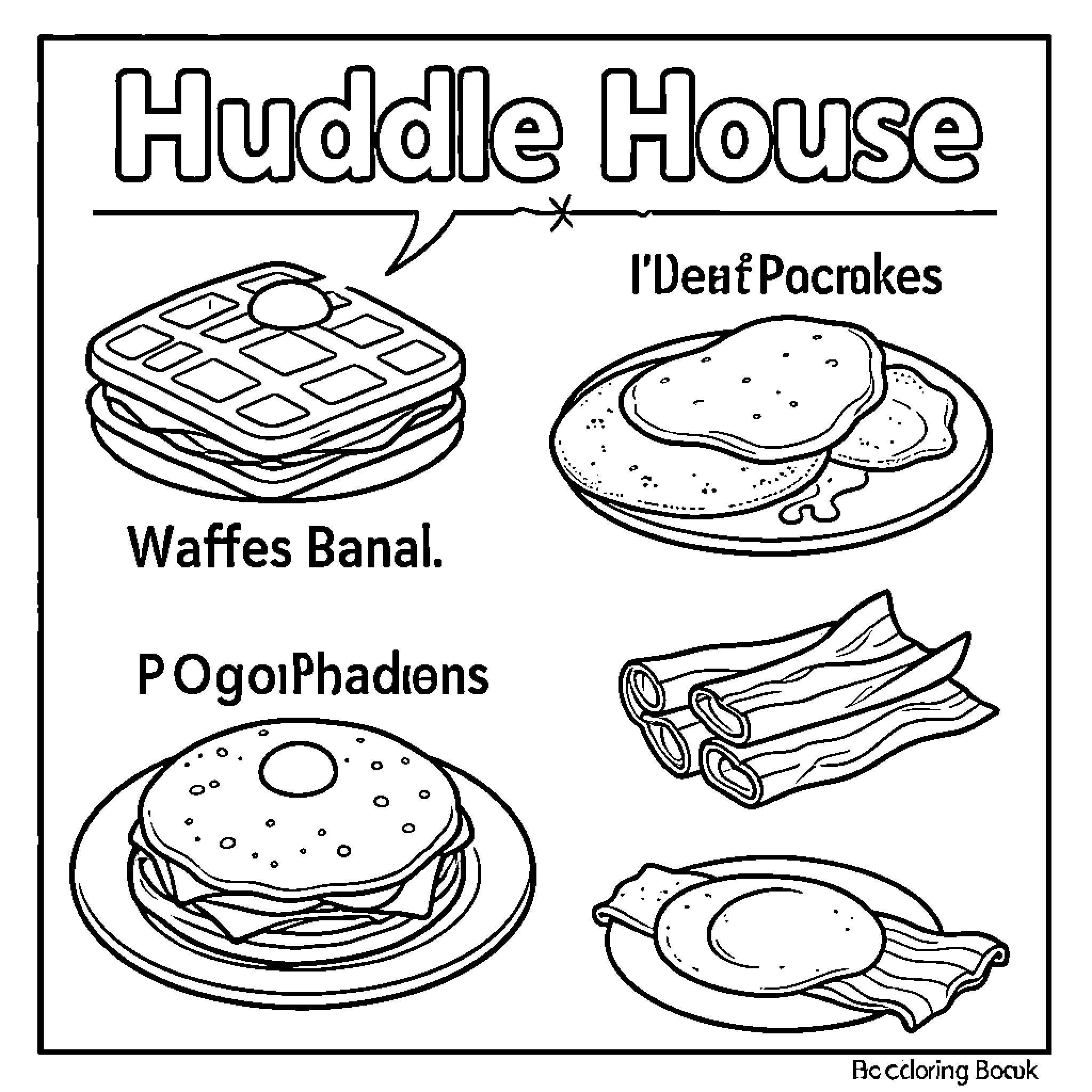 Food items arranged on plates at Huddle House Coloring Page (free black-and-white line drawing printable PDF for all, from beginners to advanced learners, including children, teens, adults, and seniors)