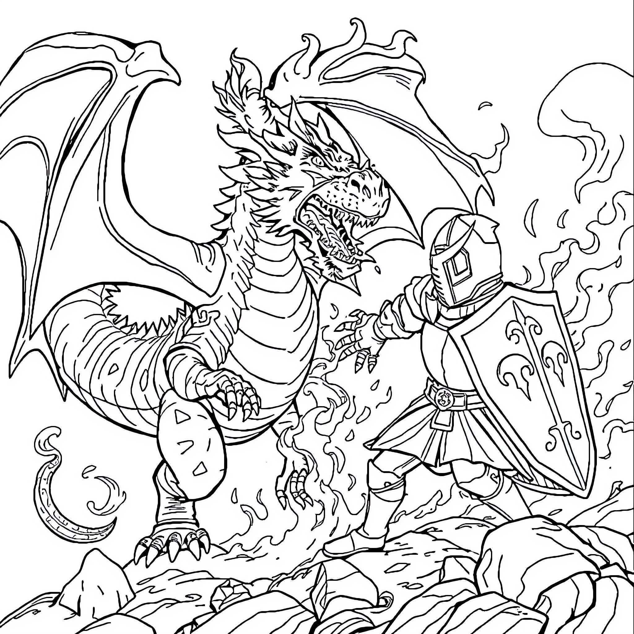 Dragon Knight fighting a fierce dragon in battle Coloring Page (free black-and-white line drawing printable PDF for all, from beginners to advanced learners, including children, teens, adults, and seniors)