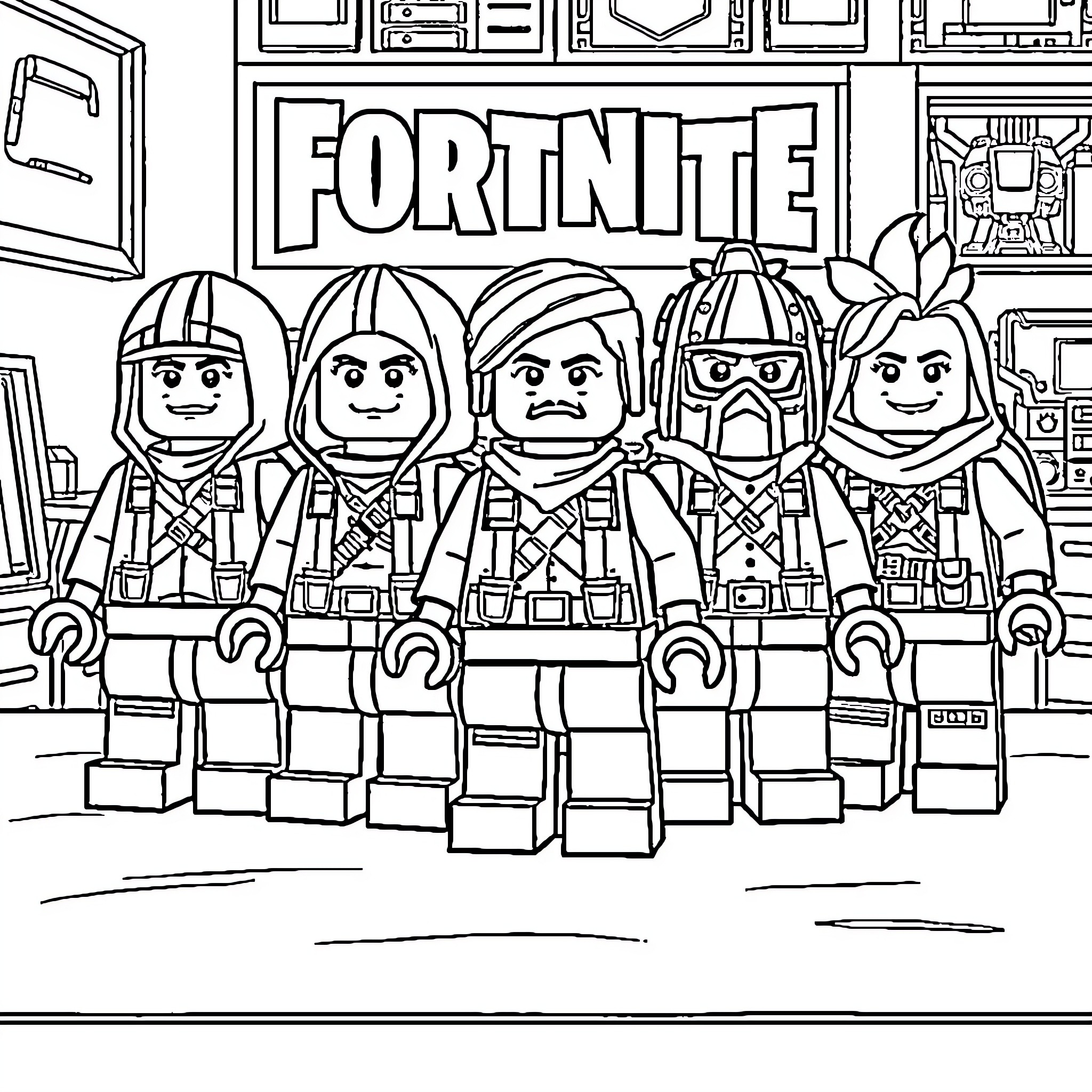 Lego Fortnite Characters in Various Poses Coloring Page (free black-and-white line drawing printable PDF for all, from beginners to advanced learners, including children, teens, adults, and seniors)
