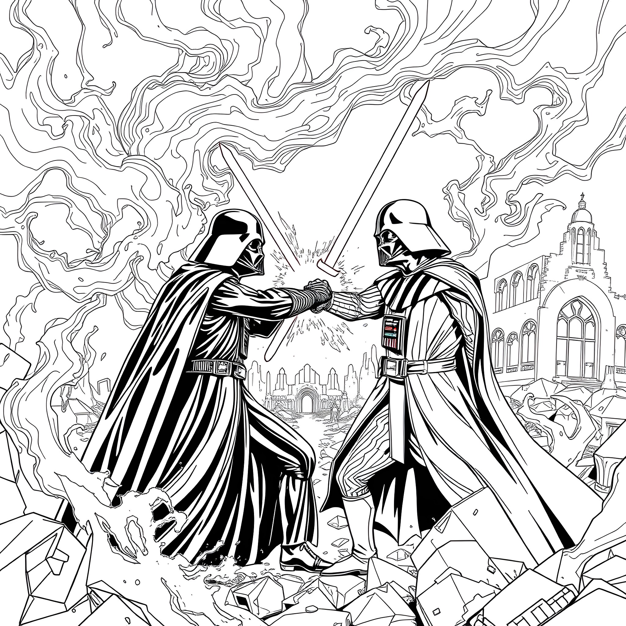 Darth Vader and Darth Sidious in Epic Lightsaber Duel Coloring Page (free black-and-white line drawing printable PDF for all, from beginners to advanced learners, including children, teens, adults, and seniors)
