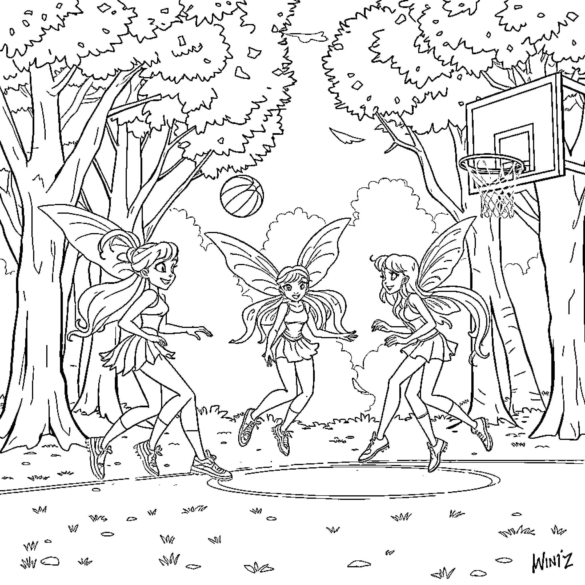 Winx Fairies Playing and Flying in the Forest Coloring Page (free black-and-white line drawing printable PDF for all, from beginners to advanced learners, including children, teens, adults, and seniors)