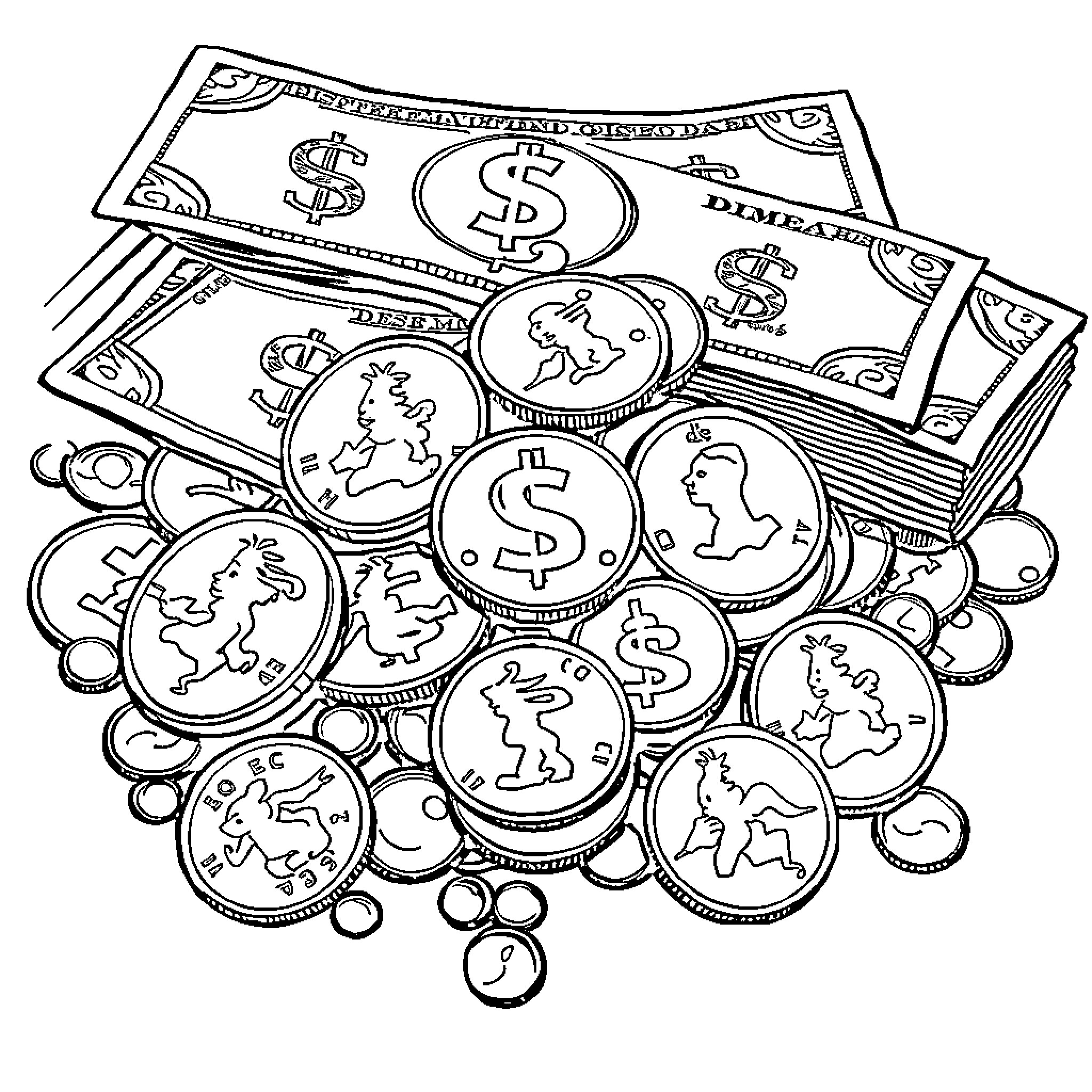 Coin Shapes and Money on Scattered Dollar Bills Coloring Page (free black-and-white line drawing printable PDF for all, from beginners to advanced learners, including children, teens, adults, and seniors)