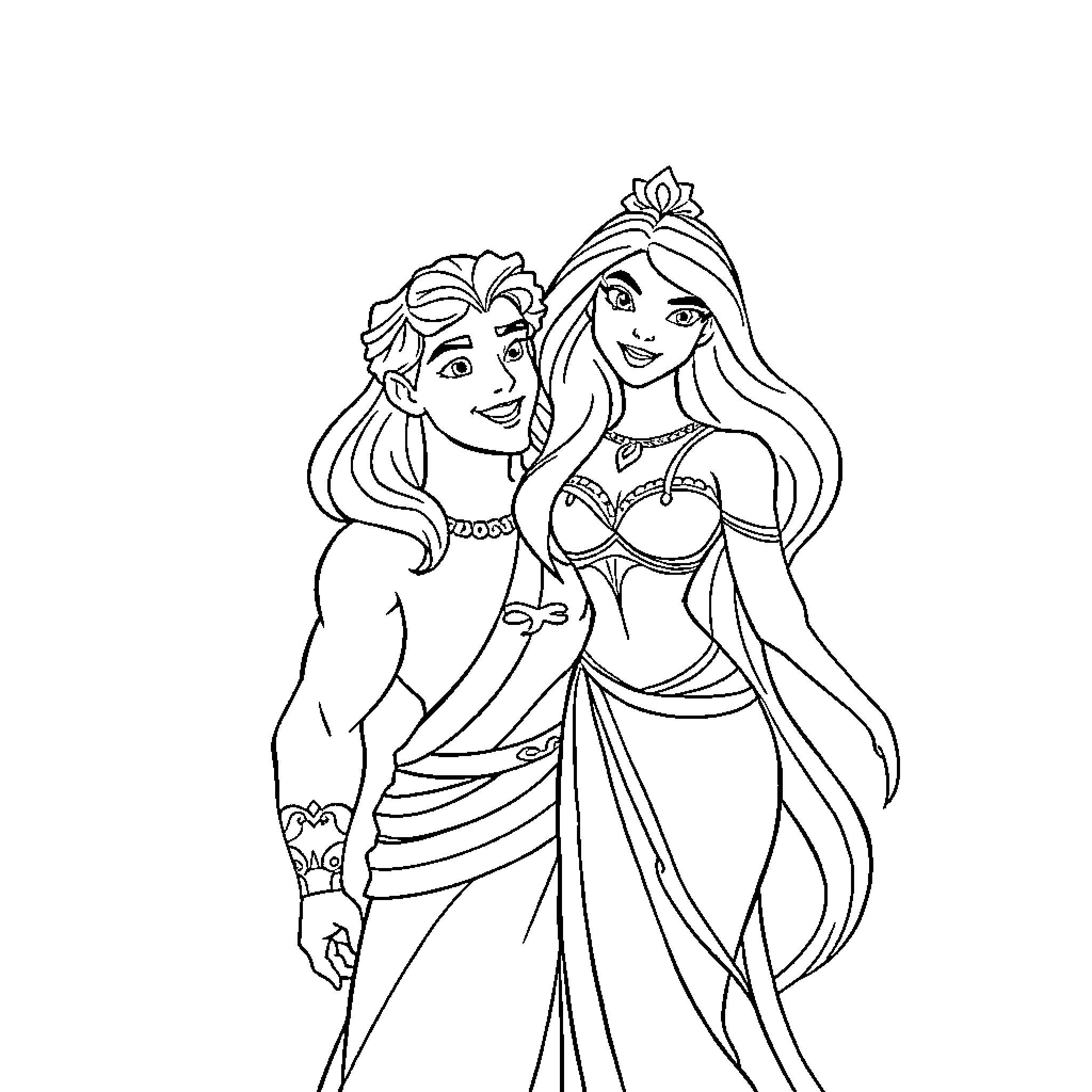 Hercules and Princess in Elegant Attire Coloring Page (free black-and-white line drawing printable PDF for all, from beginners to advanced learners, including children, teens, adults, and seniors)