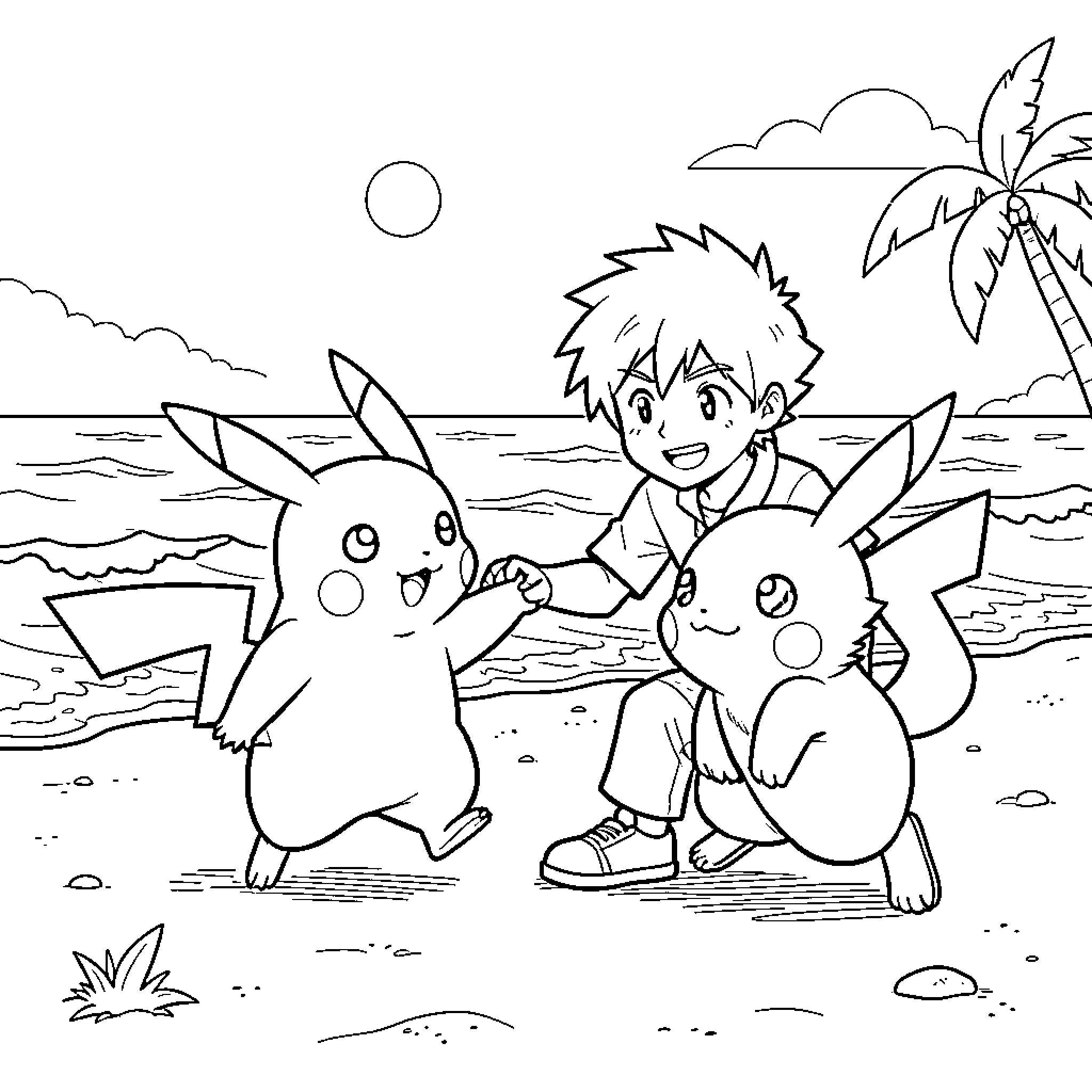 Pikachu playing with a happy child on the beach Coloring Page (free black-and-white line drawing printable PDF for all, from beginners to advanced learners, including children, teens, adults, and seniors)