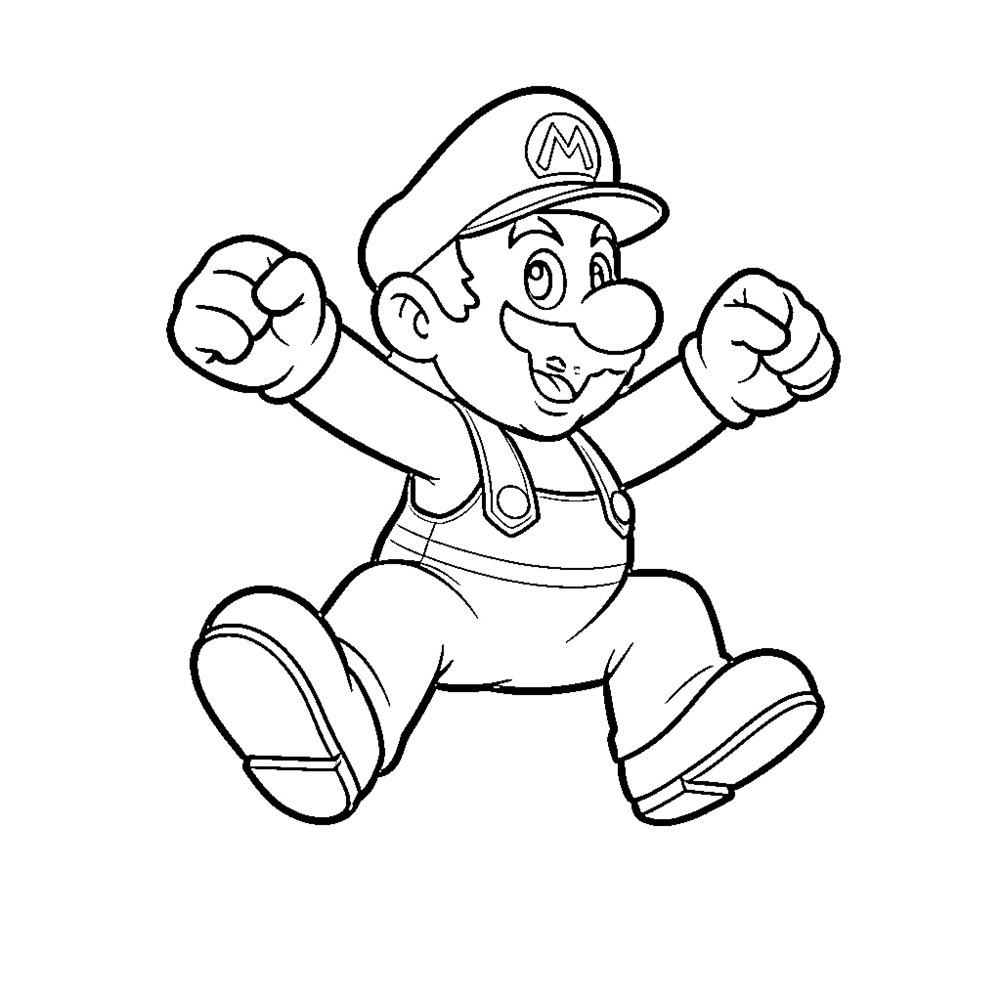 Mario jumping joyfully with clenched fists Coloring Page (free black-and-white line drawing printable PDF for all, from beginners to advanced learners, including children, teens, adults, and seniors)
