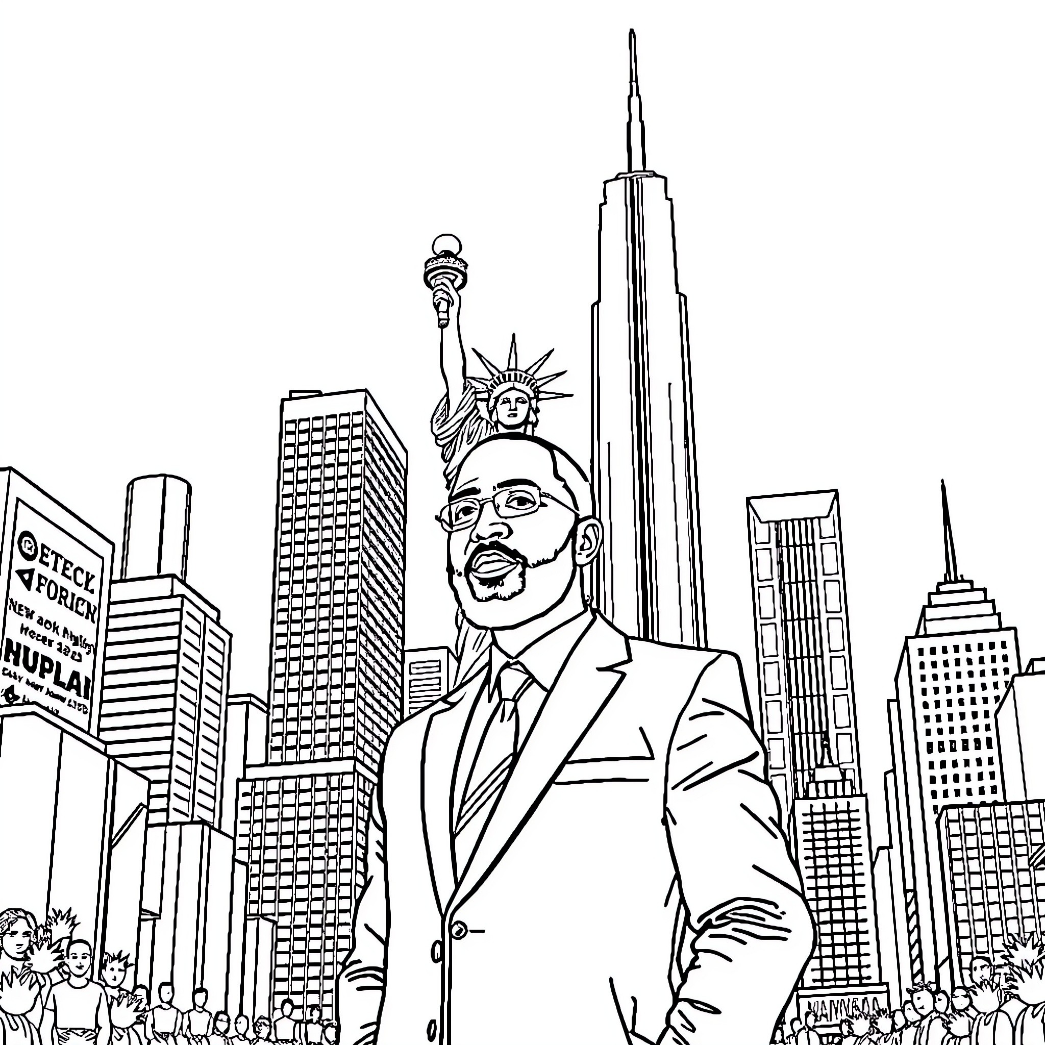 Abiy Ahmed addresses the crowd in New York City Coloring Page (free black-and-white line drawing printable PDF for all, from beginners to advanced learners, including children, teens, adults, and seniors)