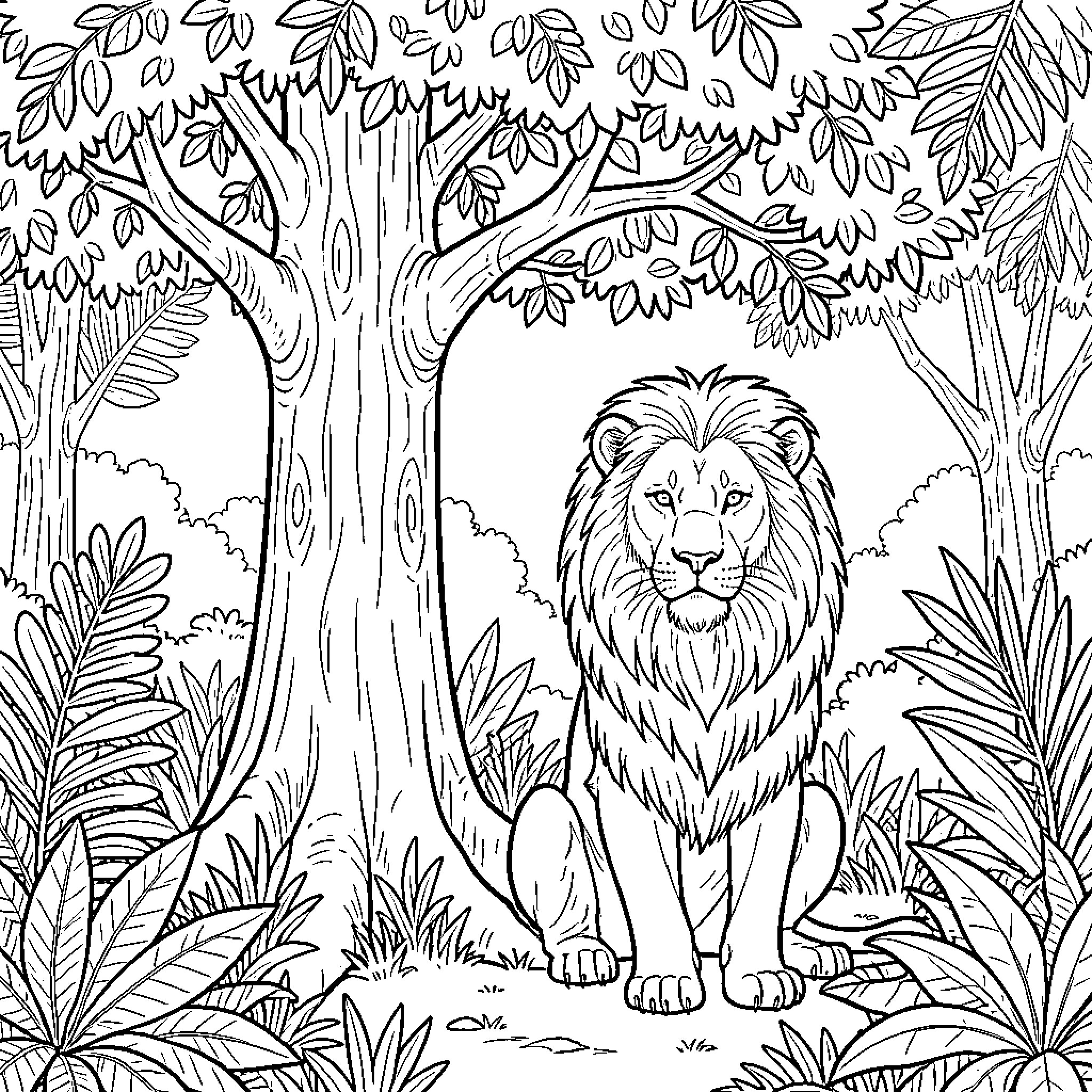 Lion resting in the lush, tropical forest Coloring Page (free black-and-white line drawing printable PDF for all, from beginners to advanced learners, including children, teens, adults, and seniors)