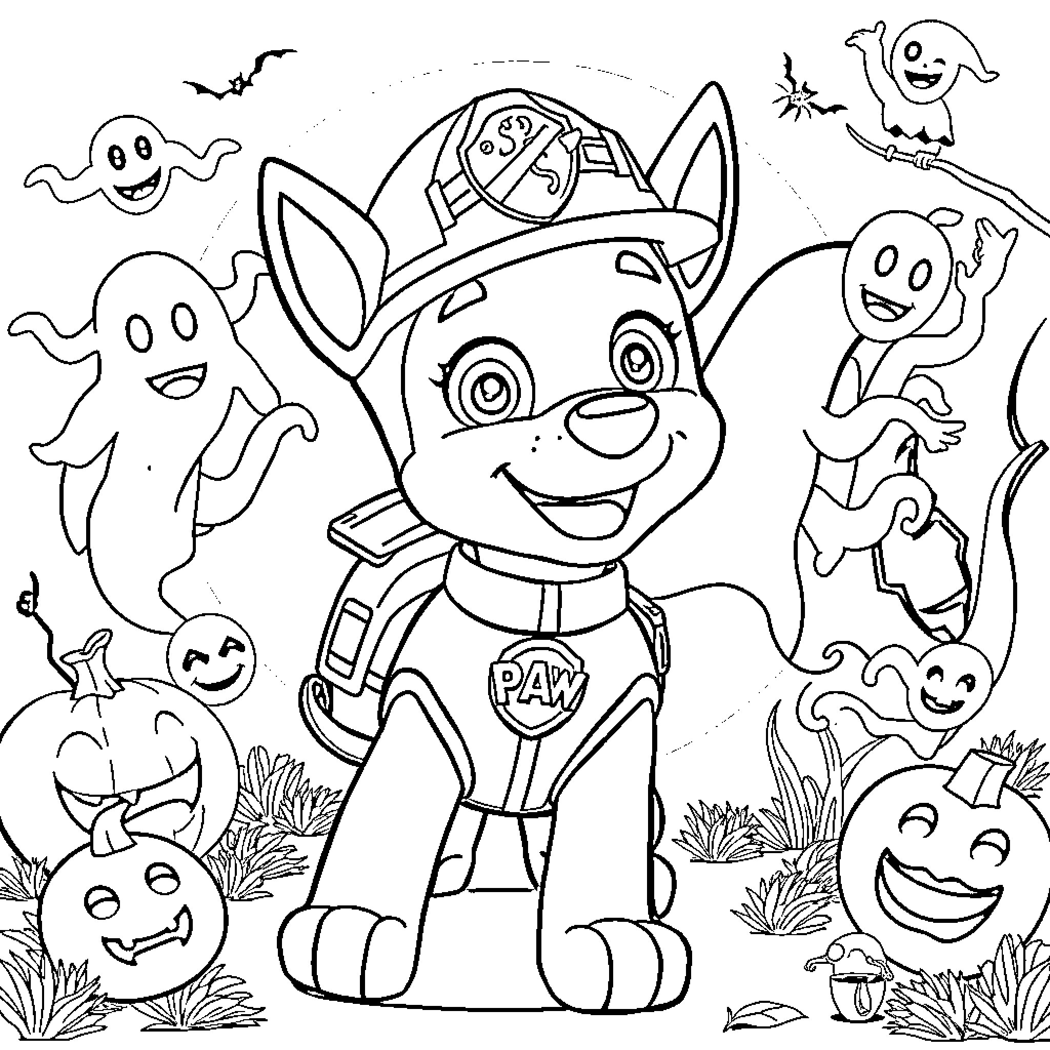 Chase the Pup's Halloween Adventure Coloring Page (free black-and-white line drawing printable PDF for all, from beginners to advanced learners, including children, teens, adults, and seniors)