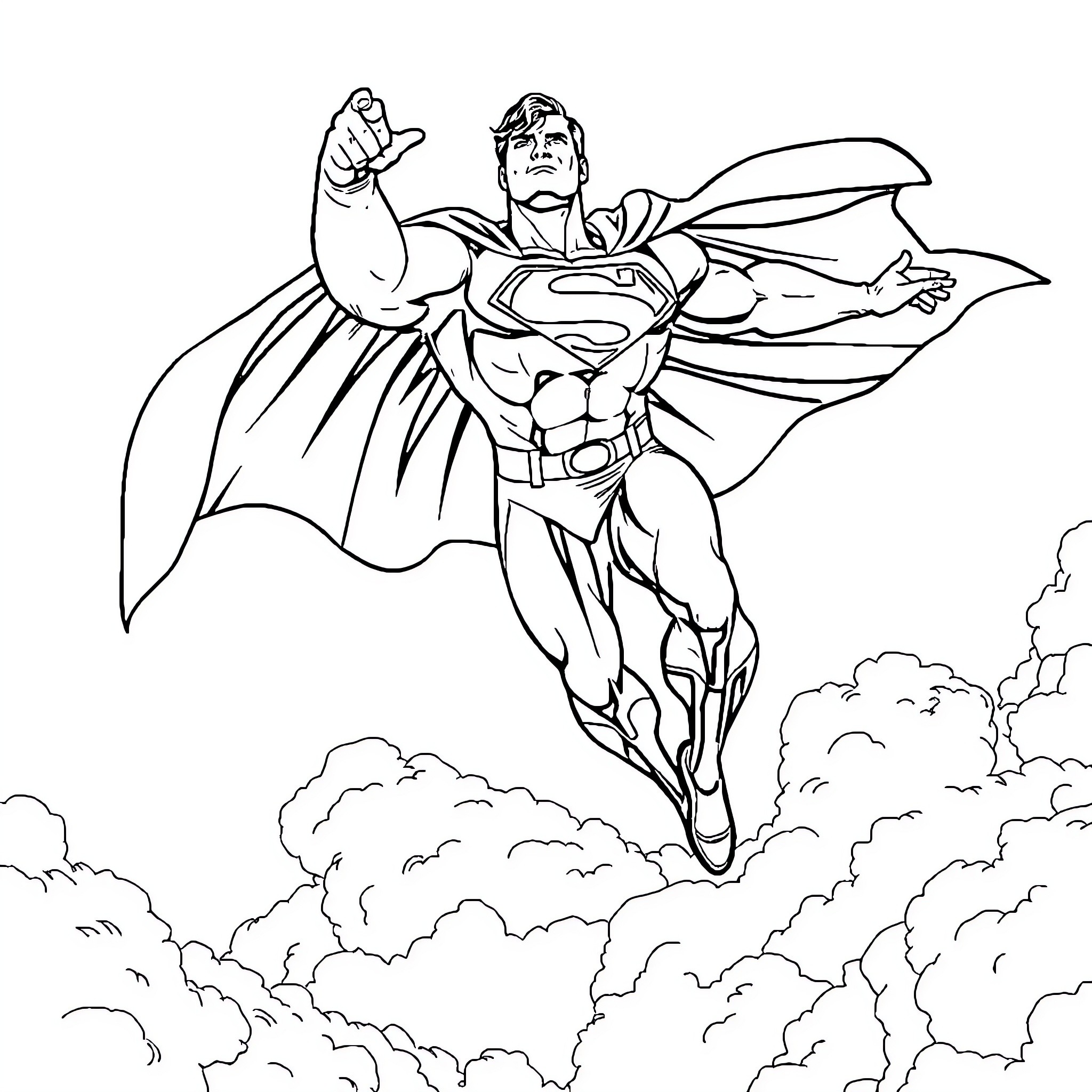 Superman soaring through the clouds with determination Coloring Page (free black-and-white line drawing printable PDF for all, from beginners to advanced learners, including children, teens, adults, and seniors)
