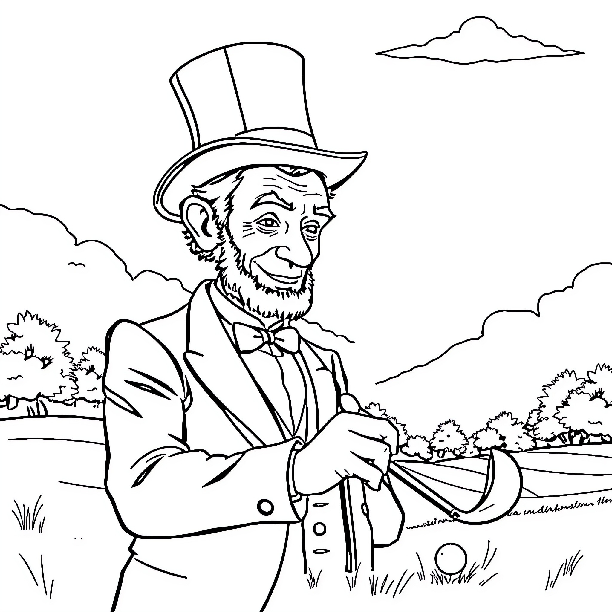 Abe Lincoln smiling in nature with top hat Coloring Page (free black-and-white line drawing printable PDF for all, from beginners to advanced learners, including children, teens, adults, and seniors)