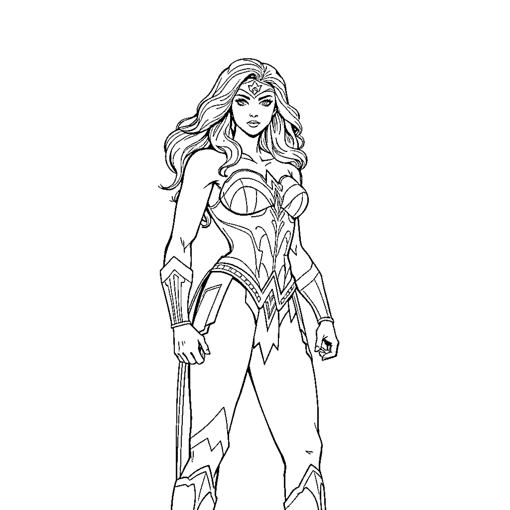 Wonder Woman in heroic action pose Coloring Page (free black-and-white line drawing printable PDF for all, from beginners to advanced learners, including children, teens, adults, and seniors)