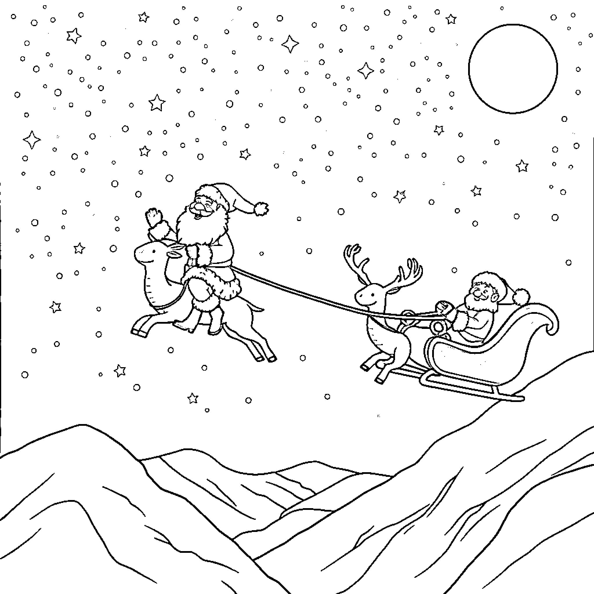 Santa Claus sleighing through the snowy night sky Coloring Page (free black-and-white line drawing printable PDF for all, from beginners to advanced learners, including children, teens, adults, and seniors)