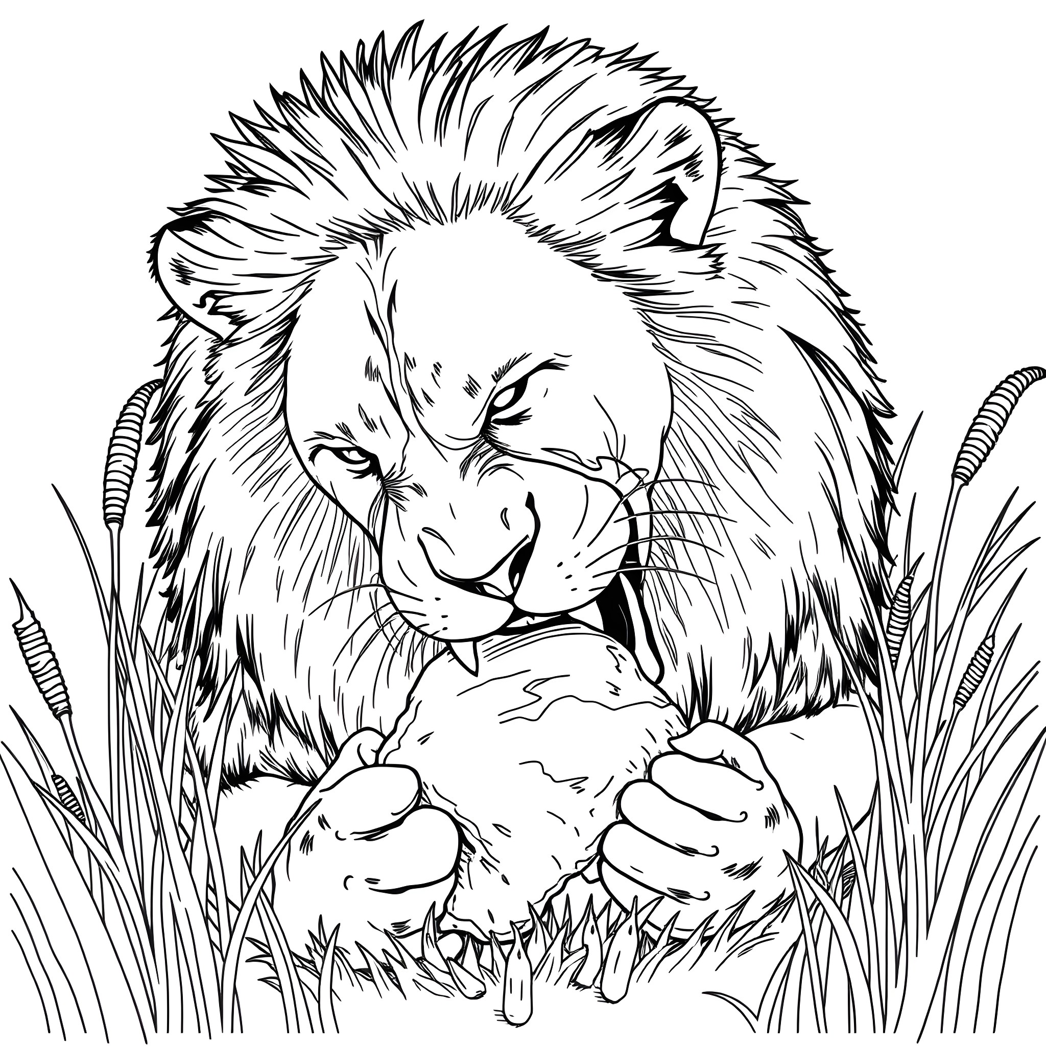 Lion resting in tall grass Coloring Page (free black-and-white line drawing printable PDF for all, from beginners to advanced learners, including children, teens, adults, and seniors)