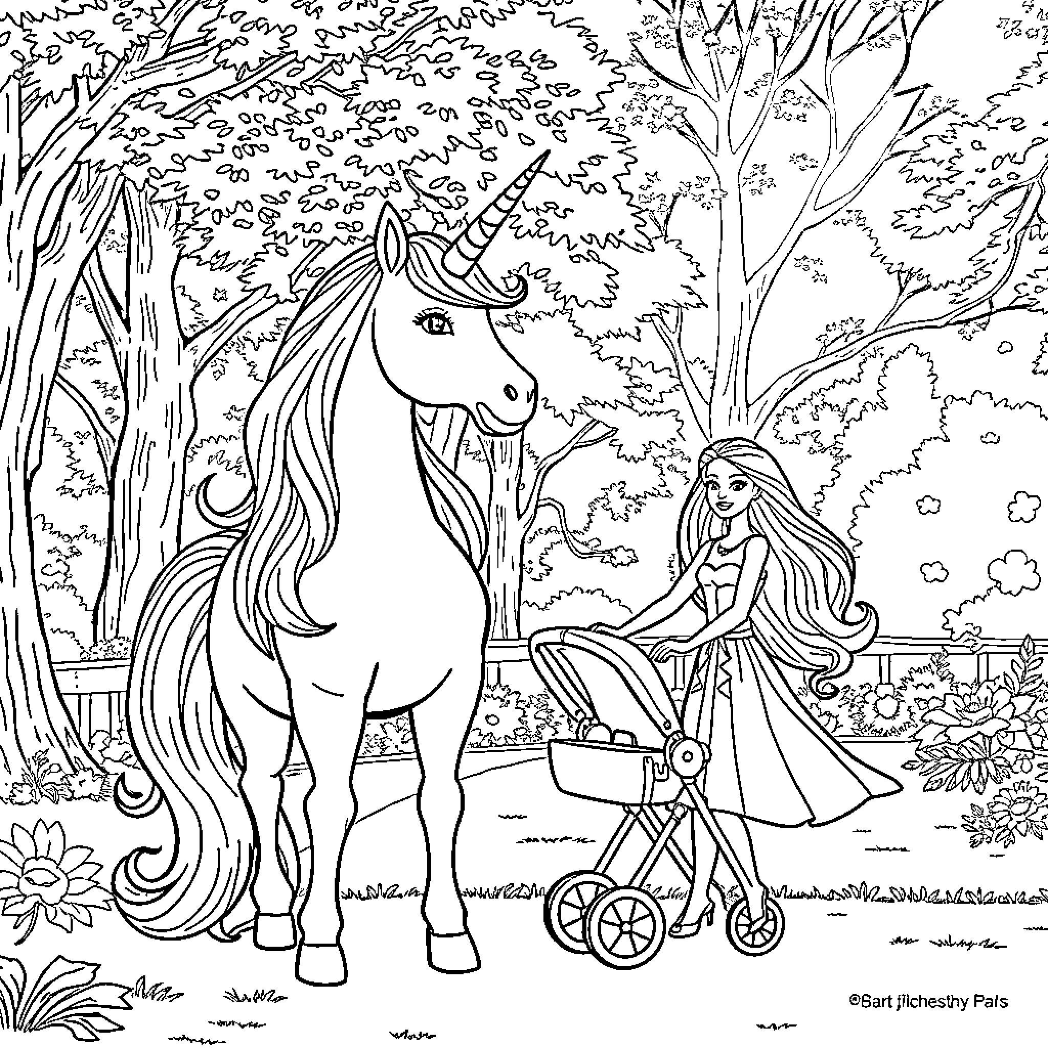 Unicorn enchanting a woman in a magical forest Coloring Page (free black-and-white line drawing printable PDF for all, from beginners to advanced learners, including children, teens, adults, and seniors)