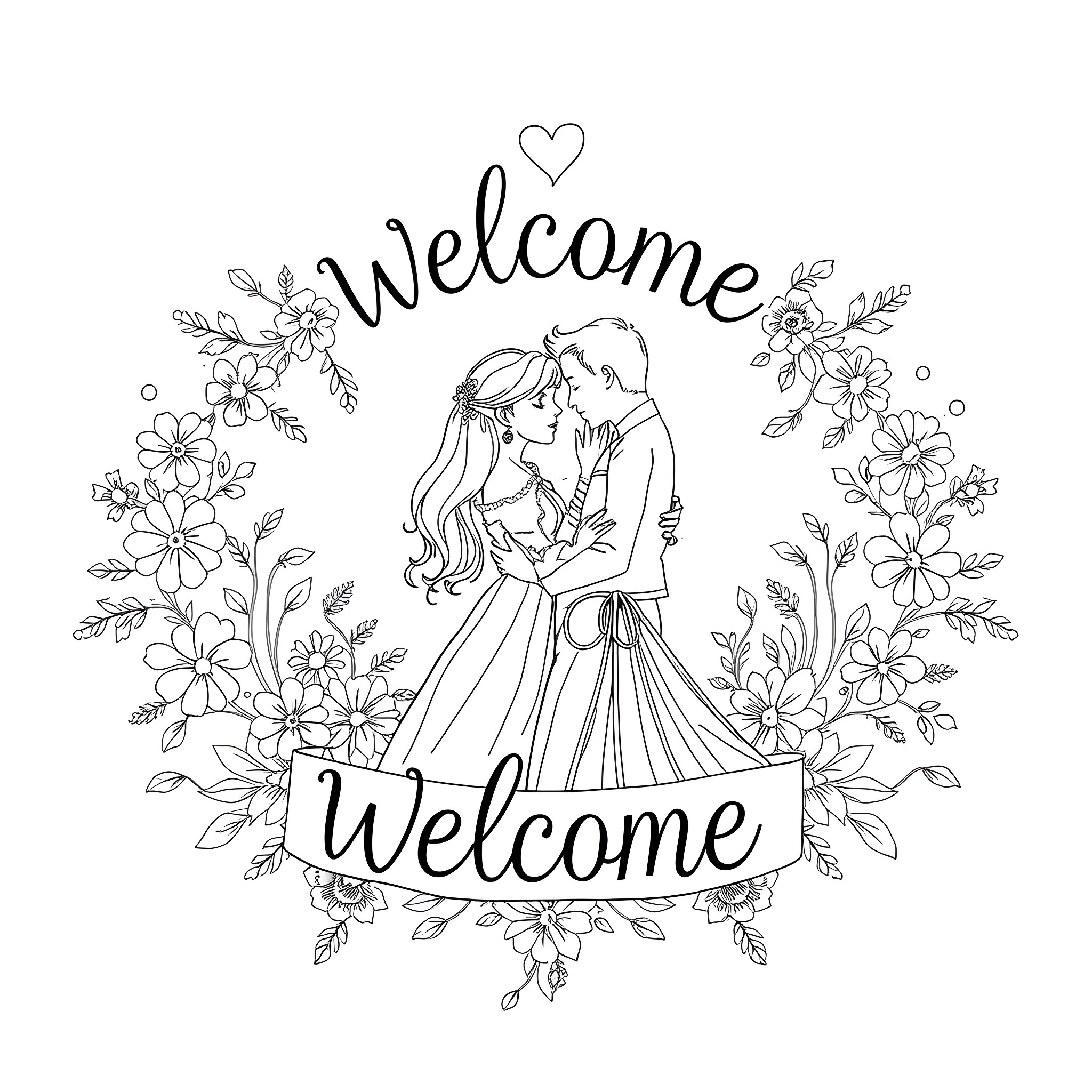 Love shared in floral welcome Coloring Page (free black-and-white line drawing printable PDF for all, from beginners to advanced learners, including children, teens, adults, and seniors)