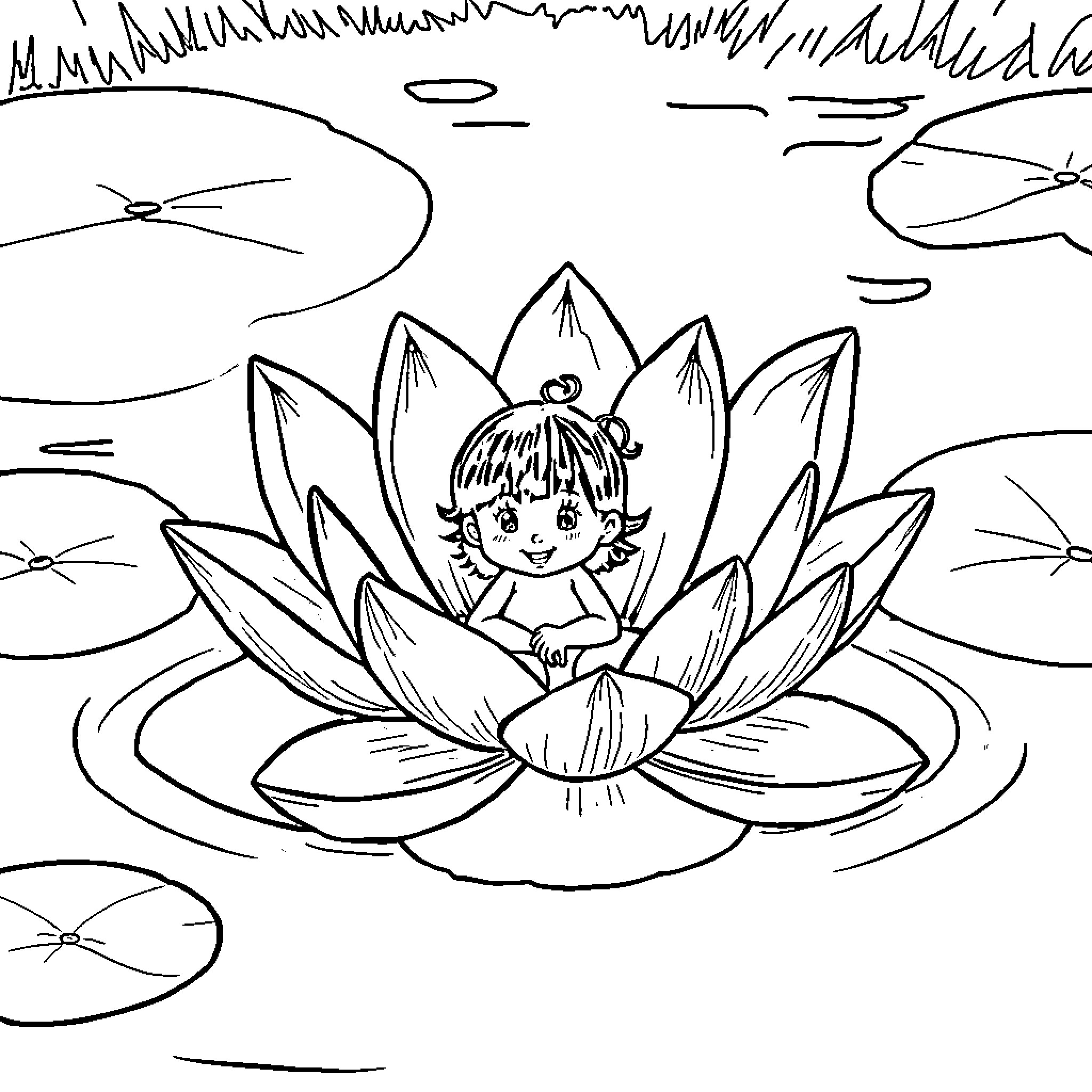 Water Lily Fairy Resting on Flower Coloring Page (free black-and-white line drawing printable PDF for all, from beginners to advanced learners, including children, teens, adults, and seniors)