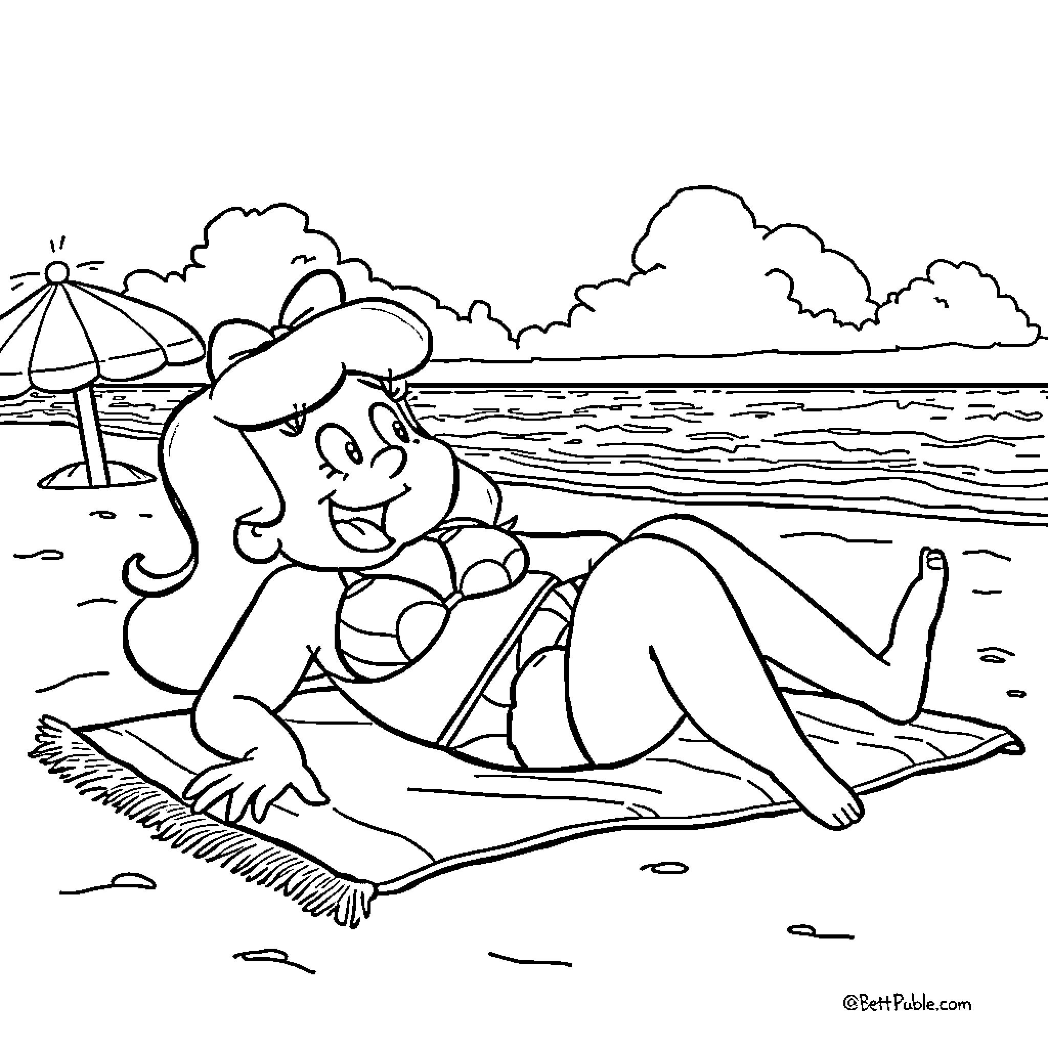 Betty relaxing at the beach under an umbrella Coloring Page (free black-and-white line drawing printable PDF for all, from beginners to advanced learners, including children, teens, adults, and seniors)