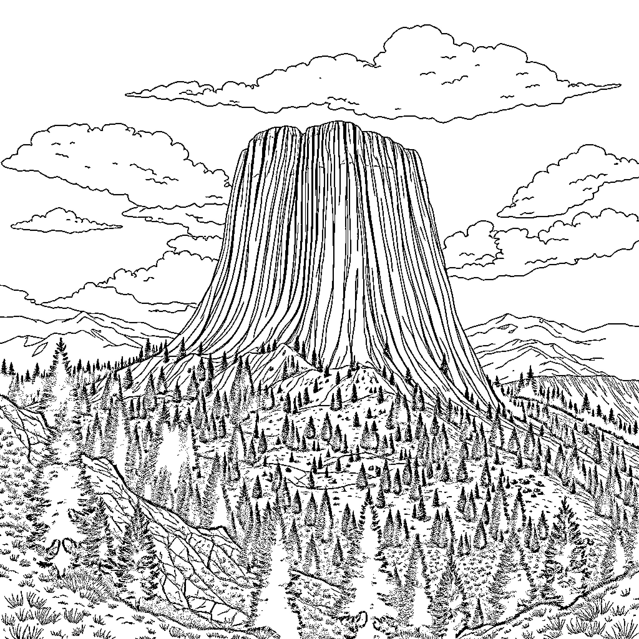 Devil's Tower towering over the rugged landscape Coloring Page (free black-and-white line drawing printable PDF for all, from beginners to advanced learners, including children, teens, adults, and seniors)