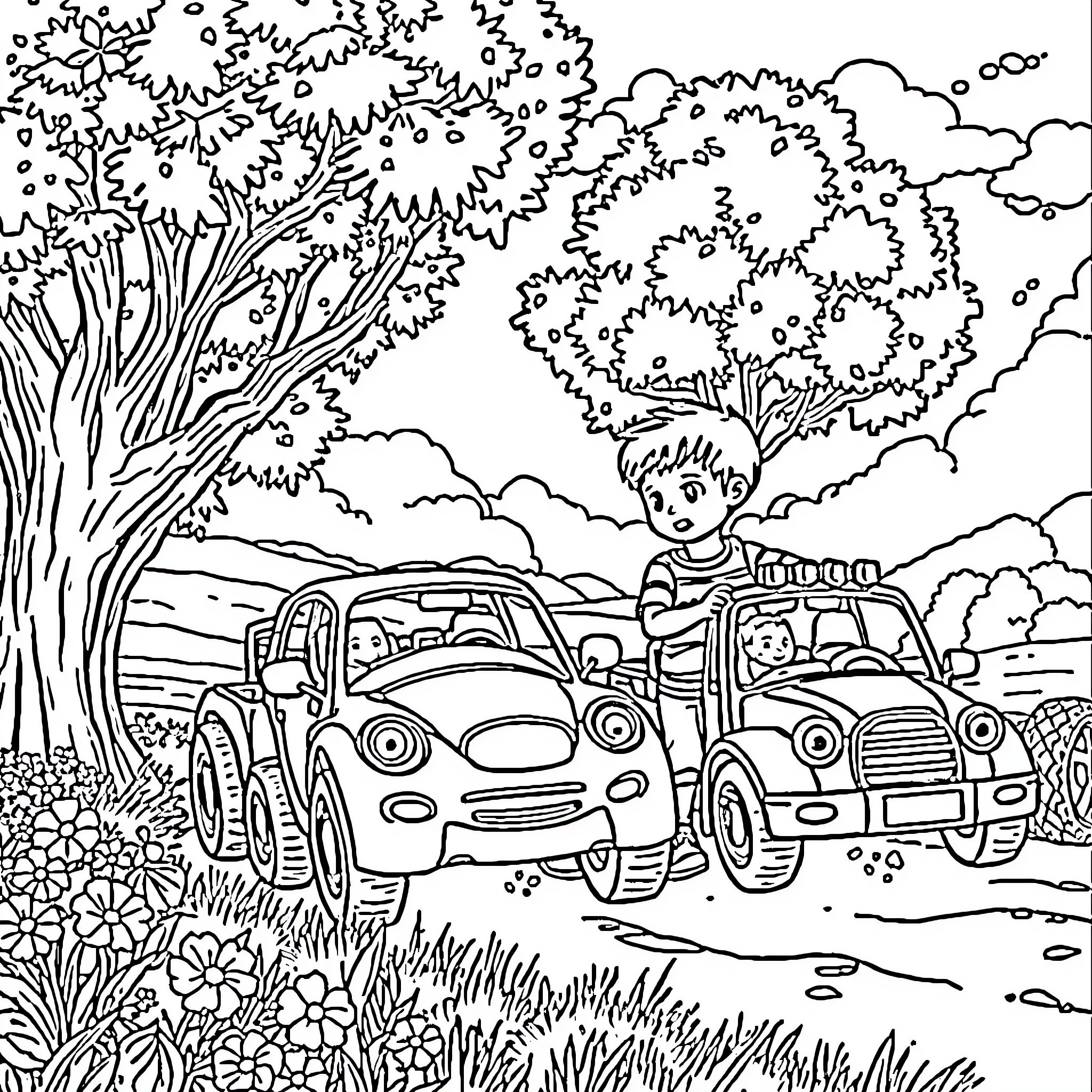Child playing with toy cars in nature Coloring Page (free black-and-white line drawing printable PDF for all, from beginners to advanced learners, including children, teens, adults, and seniors)