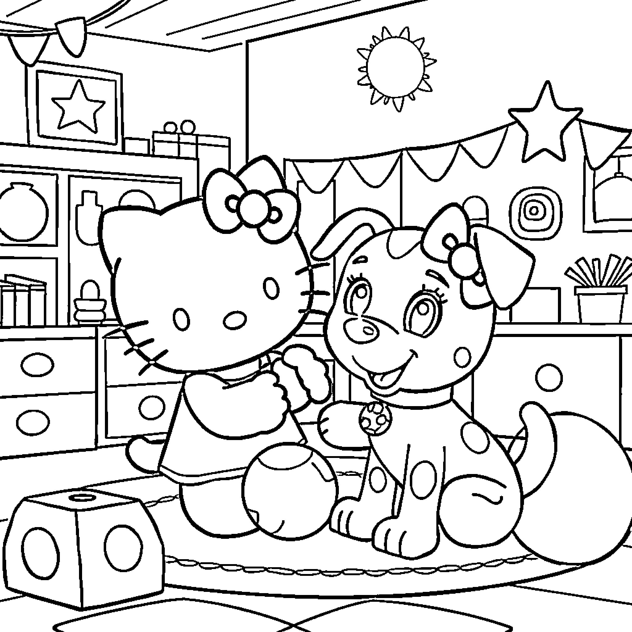 Hello Kitty Enjoying a Playful Afternoon Coloring Page (free black-and-white line drawing printable PDF for all, from beginners to advanced learners, including children, teens, adults, and seniors)