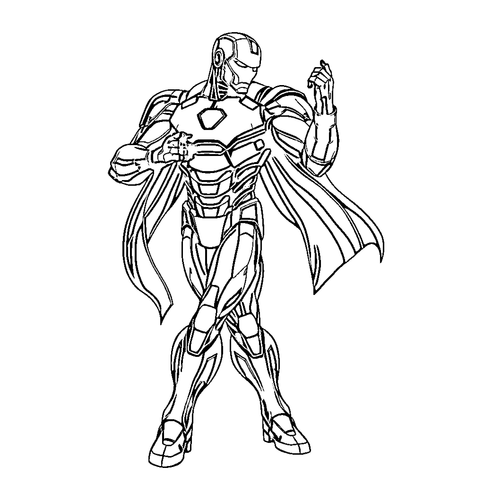 Iron Man in heroic action pose Coloring Page (free black-and-white line drawing printable PDF for all, from beginners to advanced learners, including children, teens, adults, and seniors)