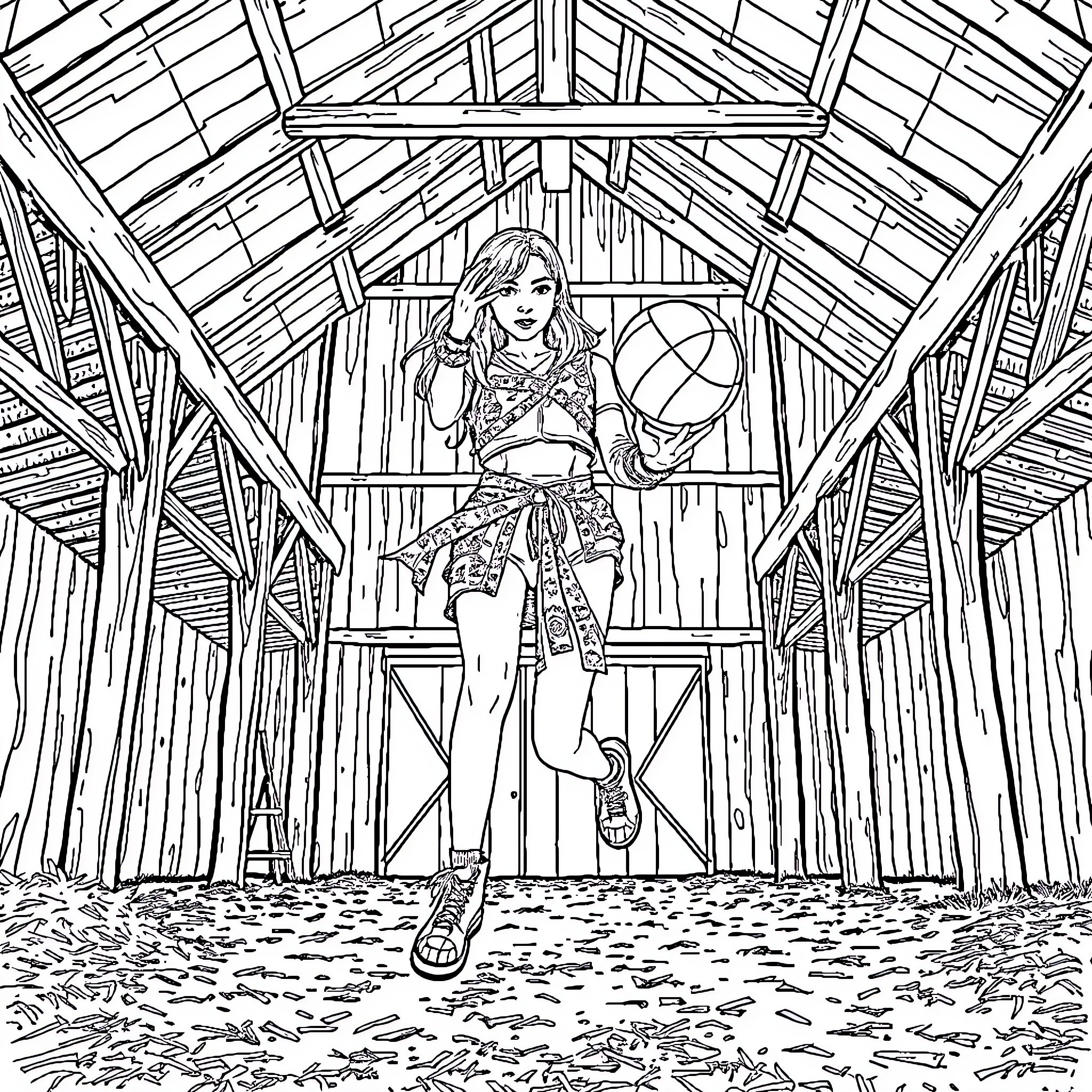 Billie Eilish in a Rustic Barn Setting Coloring Page (free black-and-white line drawing printable PDF for all, from beginners to advanced learners, including children, teens, adults, and seniors)