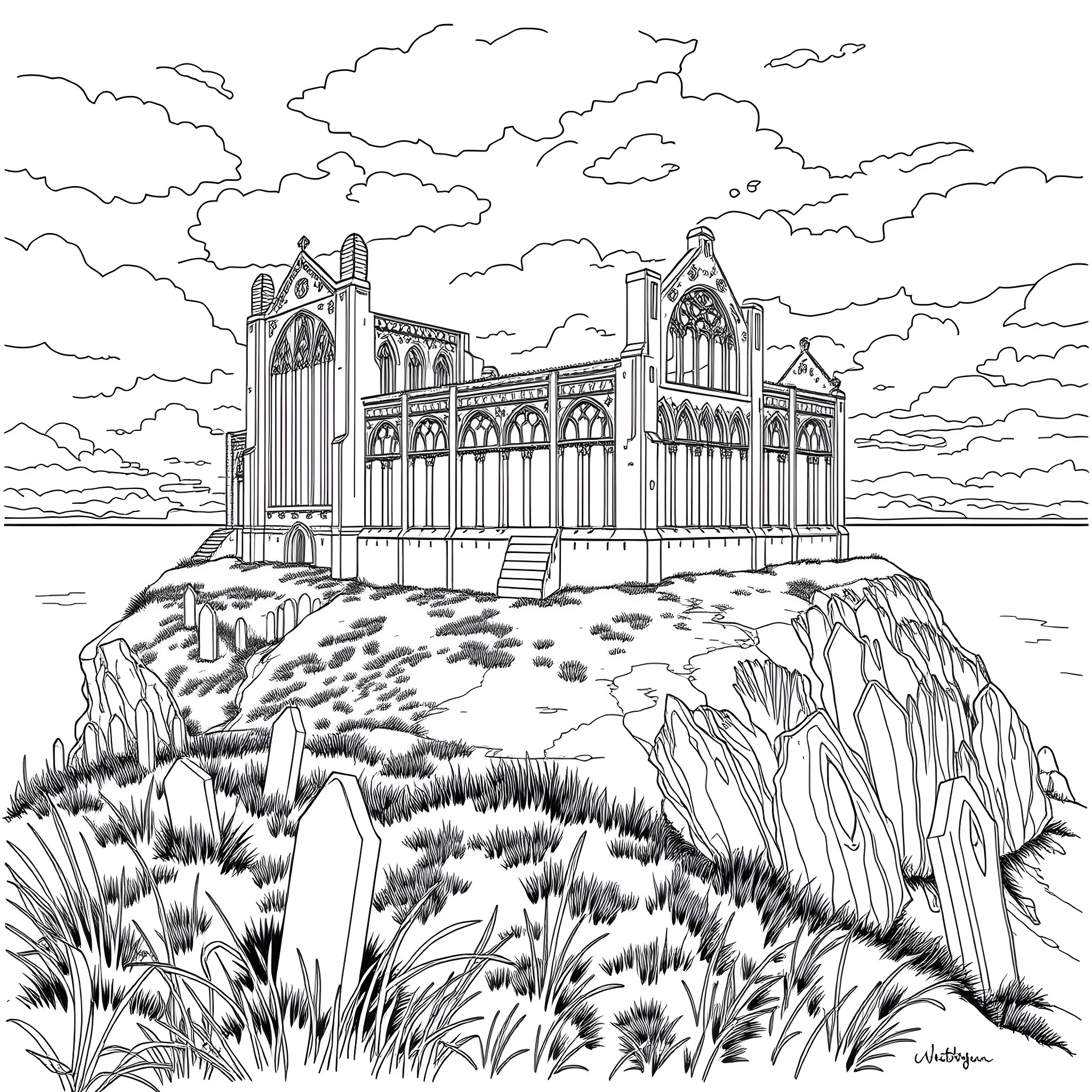 Whitby Abbey on a Rugged Coastal Cliff Coloring Page (free black-and-white line drawing printable PDF for all, from beginners to advanced learners, including children, teens, adults, and seniors)